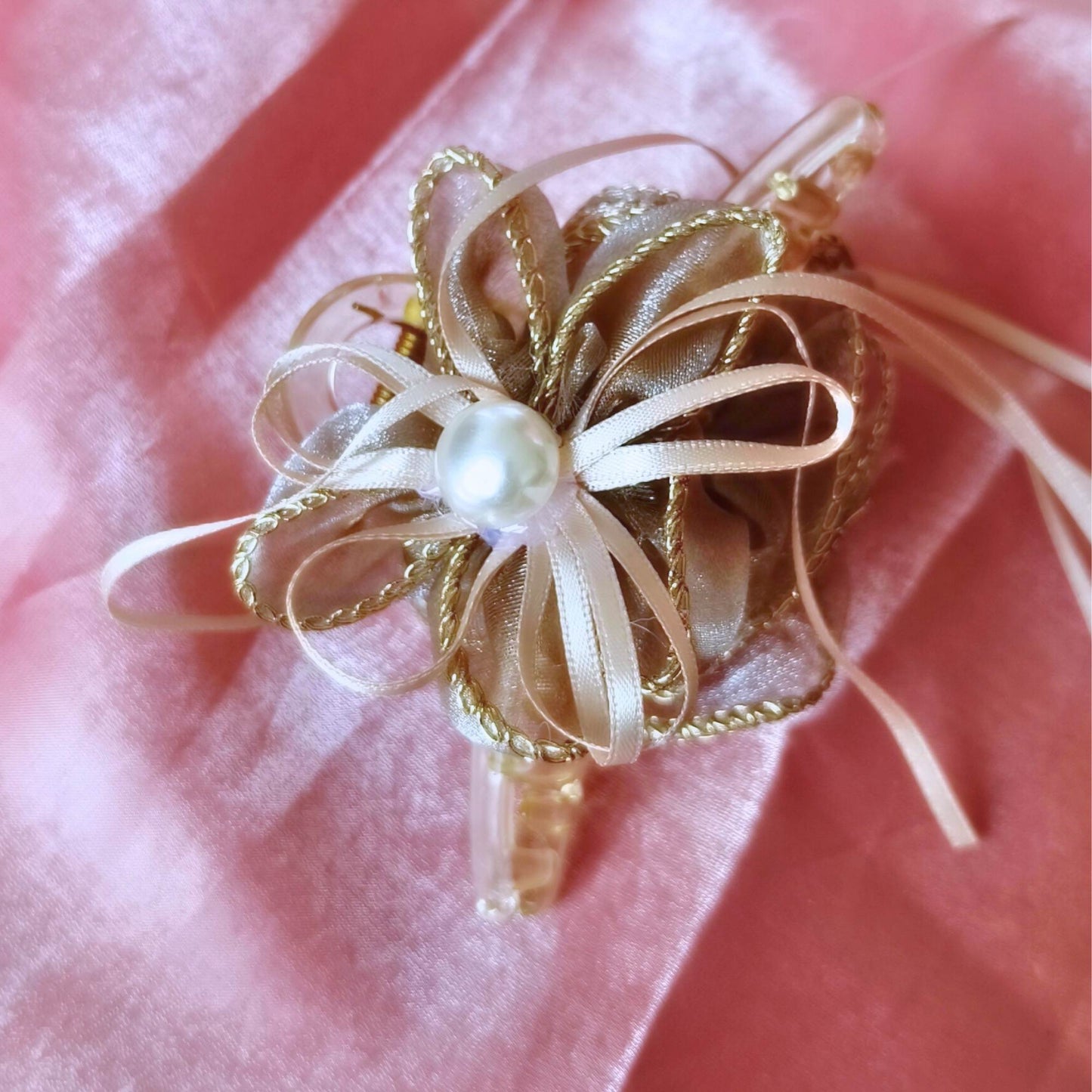 Blooming Organza flower claw clip with Golden Border- Pastel Brown