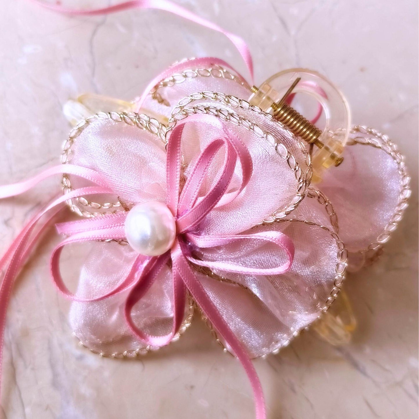 Blooming Organza flower claw clip with Golden Border- Pink.