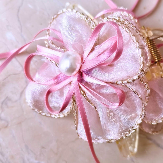 Blooming Organza flower claw clip with Golden Border- Pink.