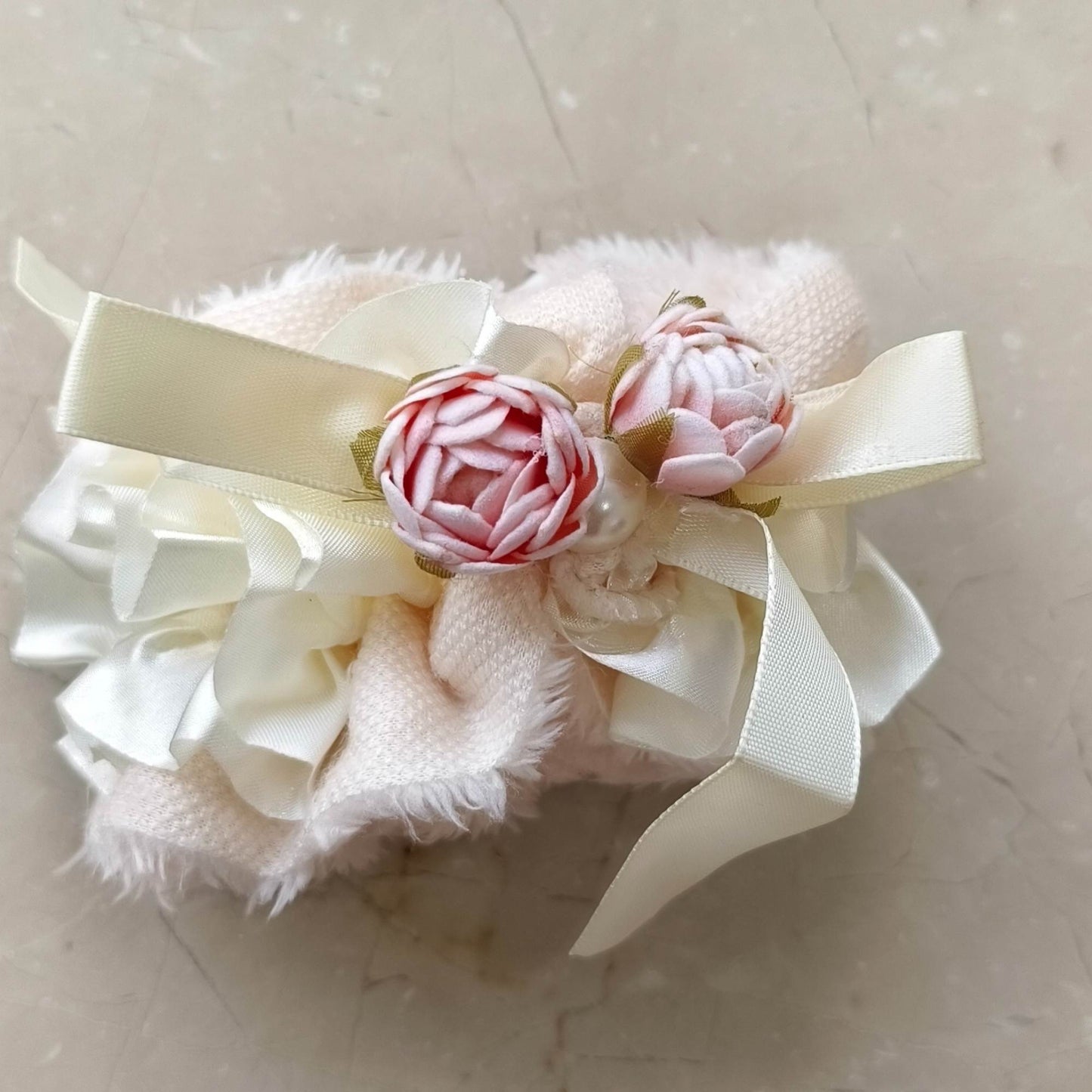 Blooming Soft Furry-Satin Scrunchie- Light yellow