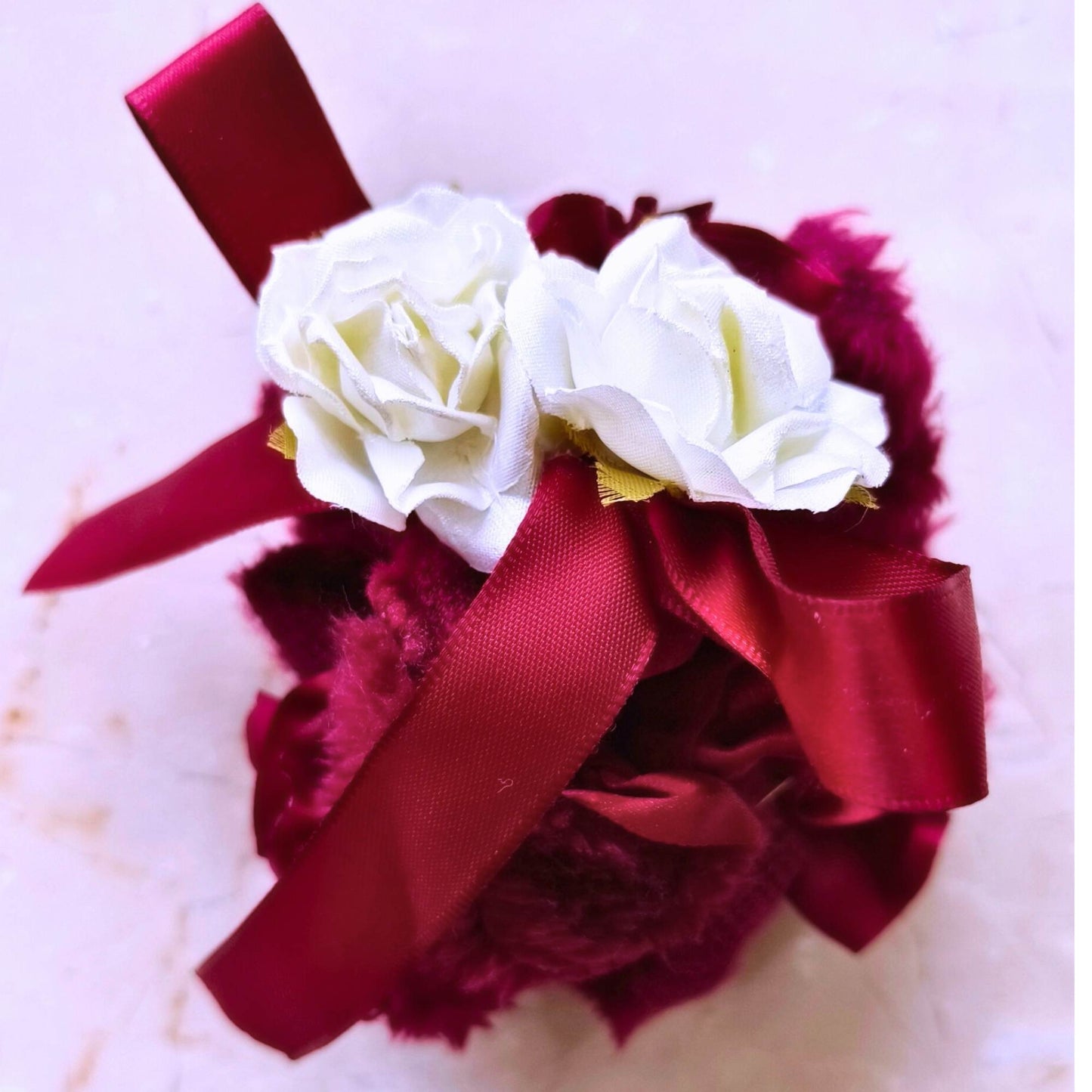 Blooming Soft Furry-Satin Scrunchie- Maroon