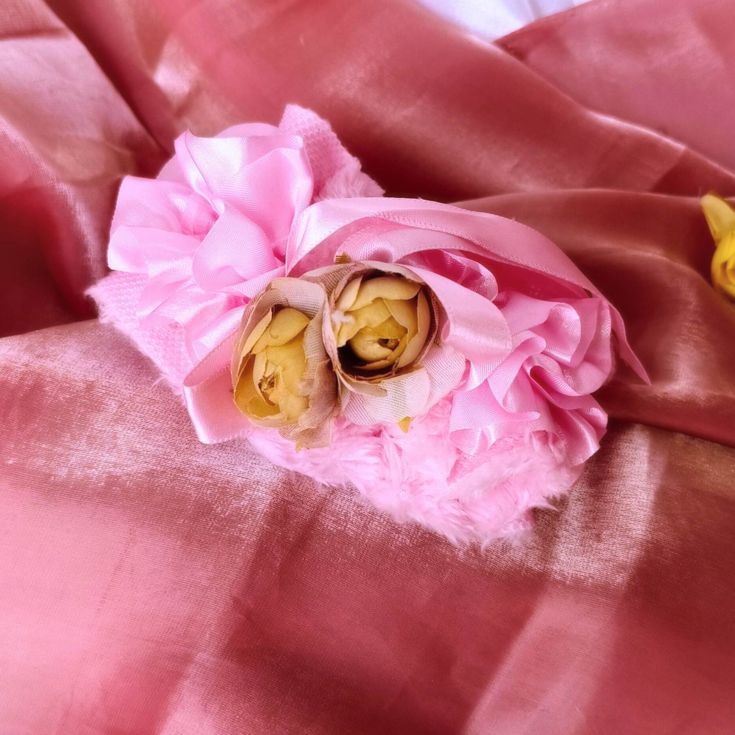 Blooming Soft Furry-Satin Scrunchie- Pink.