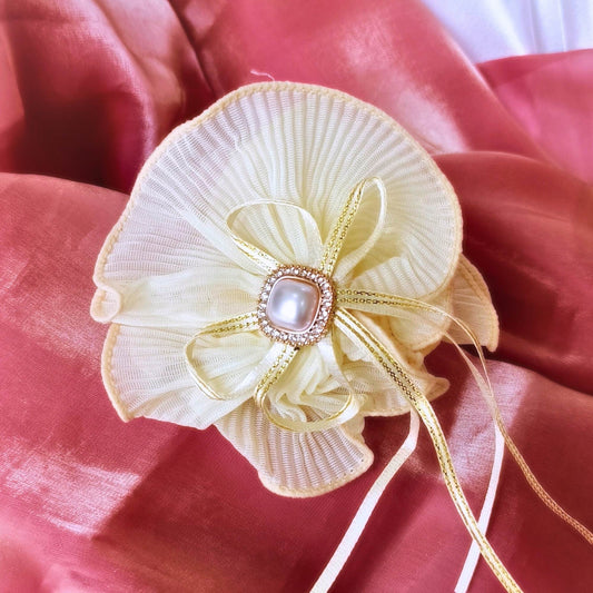 Blooming Soft crushed Scrunchie Pearl center with Ribbon