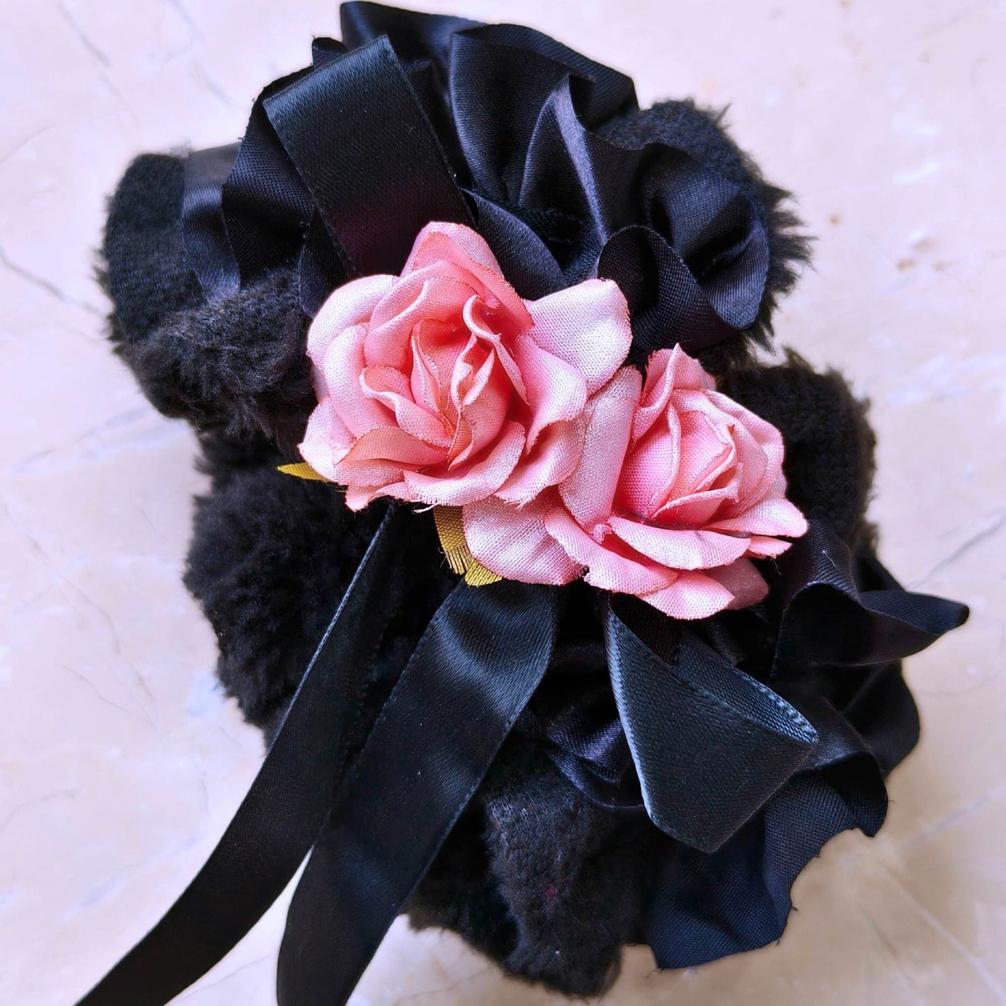 Blooming Soft Furry-Satin Scrunchie- Black