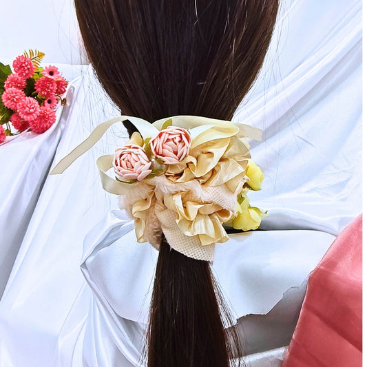 Blooming Soft Furry-Satin Scrunchie- Light yellow