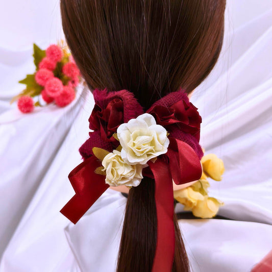 Blooming Soft Furry-Satin Scrunchie- Maroon