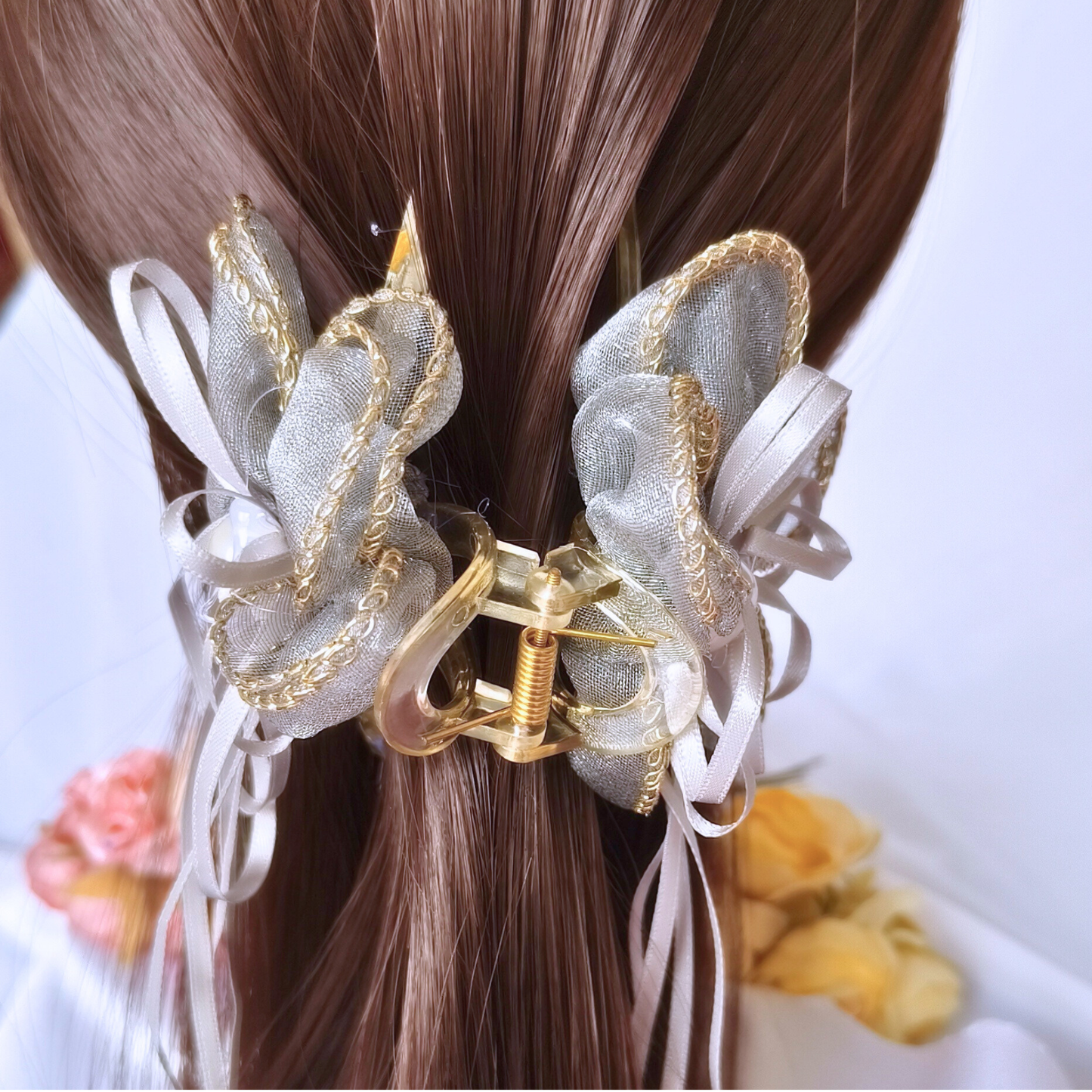 Blooming Organza flower claw clip with Golden Border - Gray.