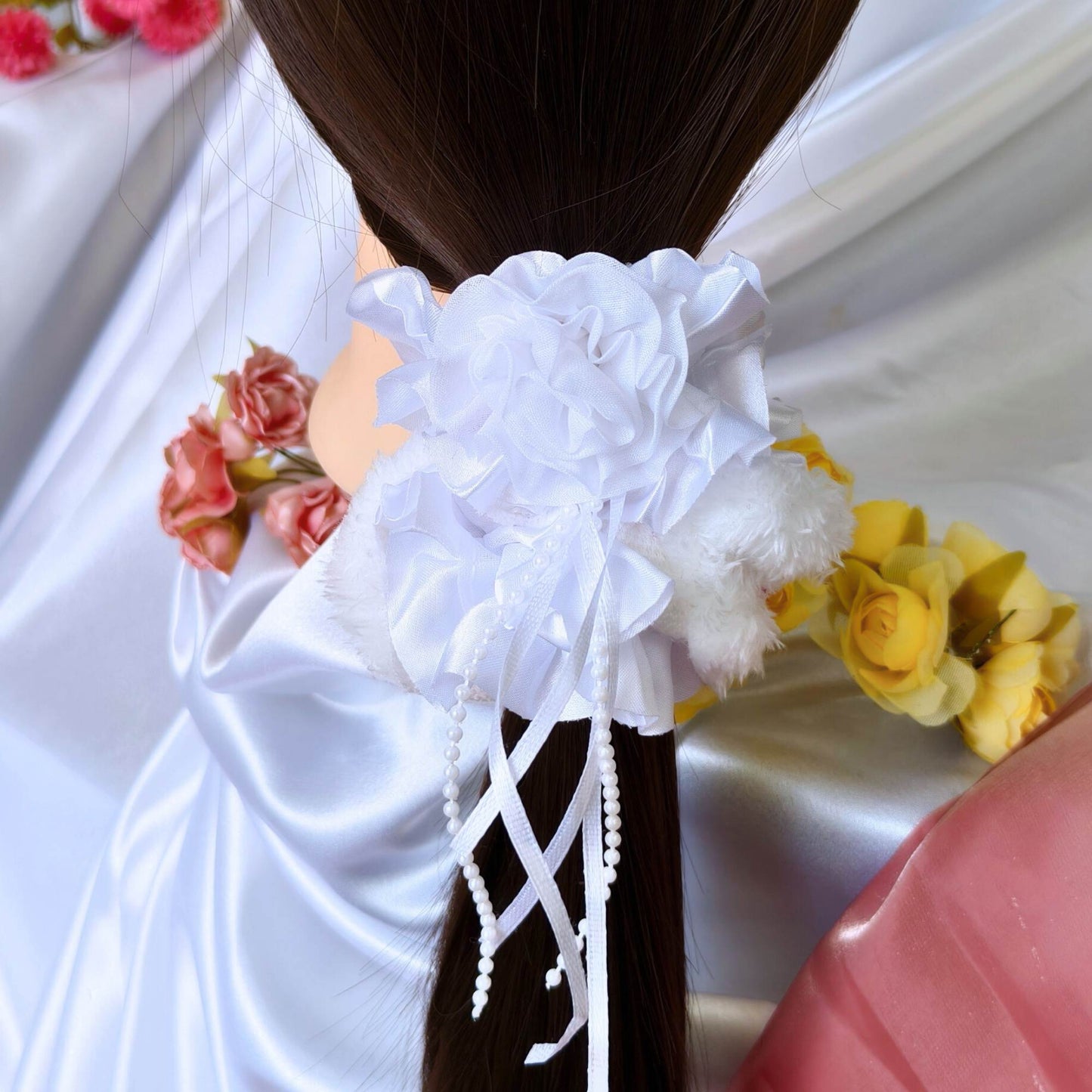 Blooming Furry-Satin scrunchies with pearl & lace