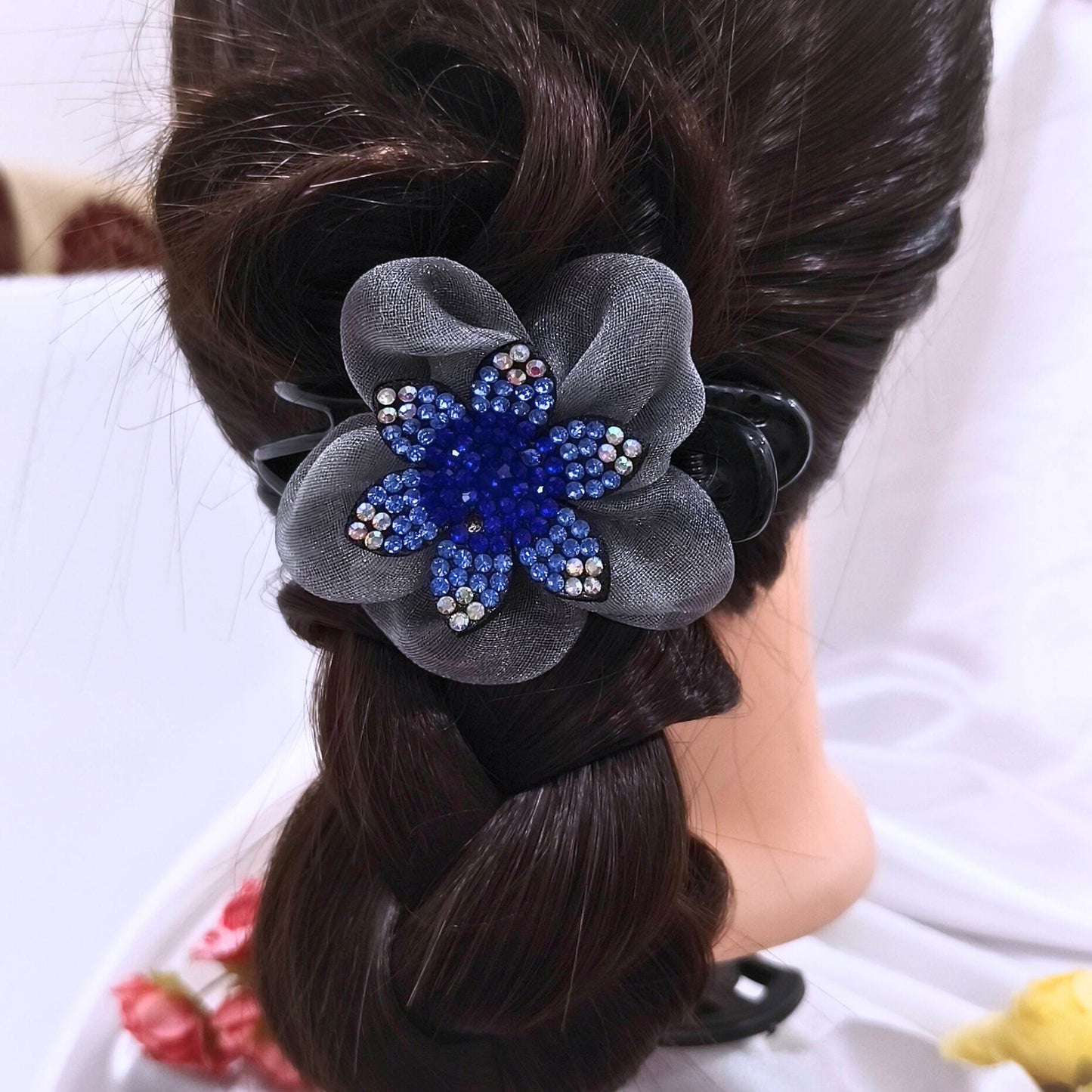 Blooming Side-Angle organza flower crystal Claw Clip -Pink
