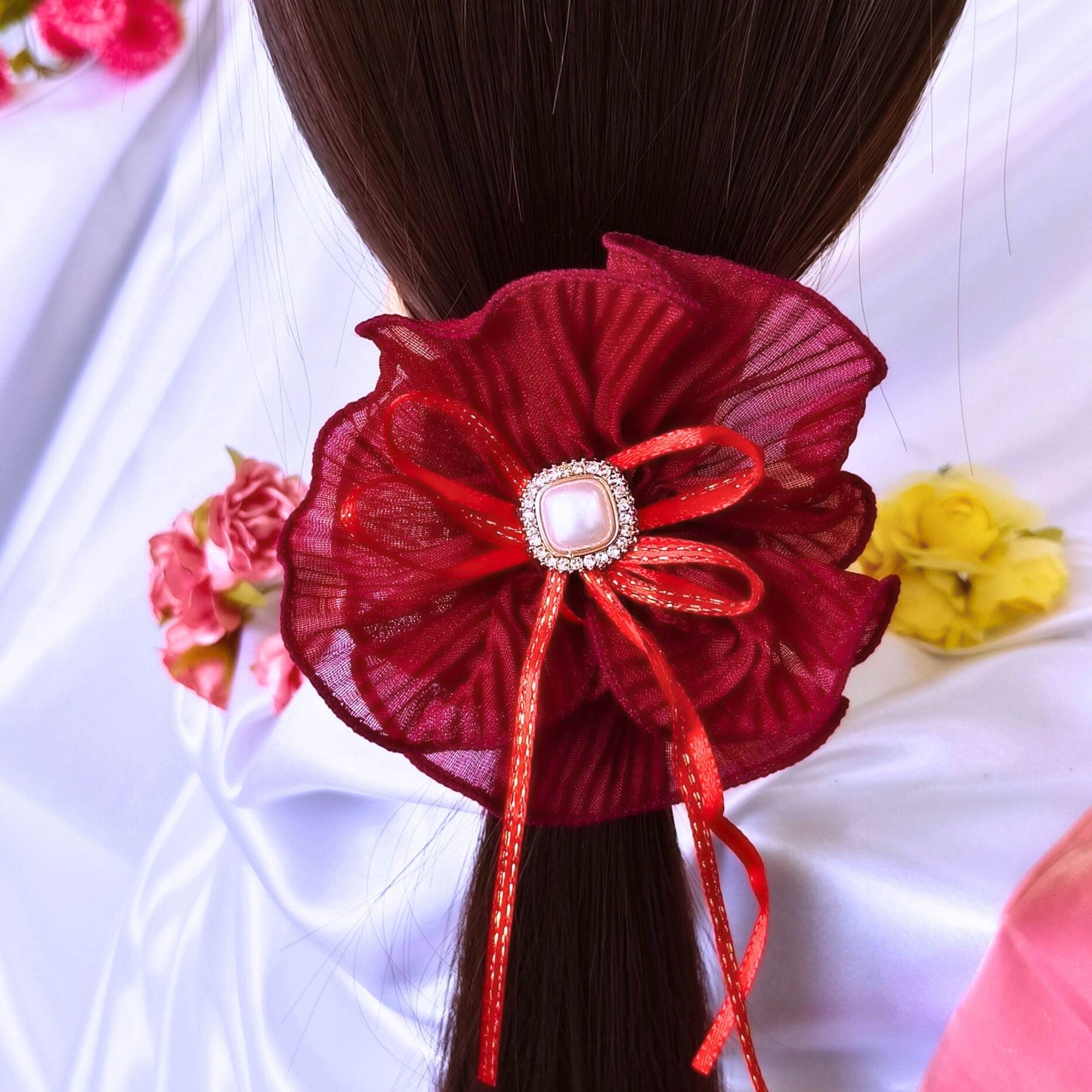 Blooming Soft crushed Scrunchie Pearl center with Ribbon