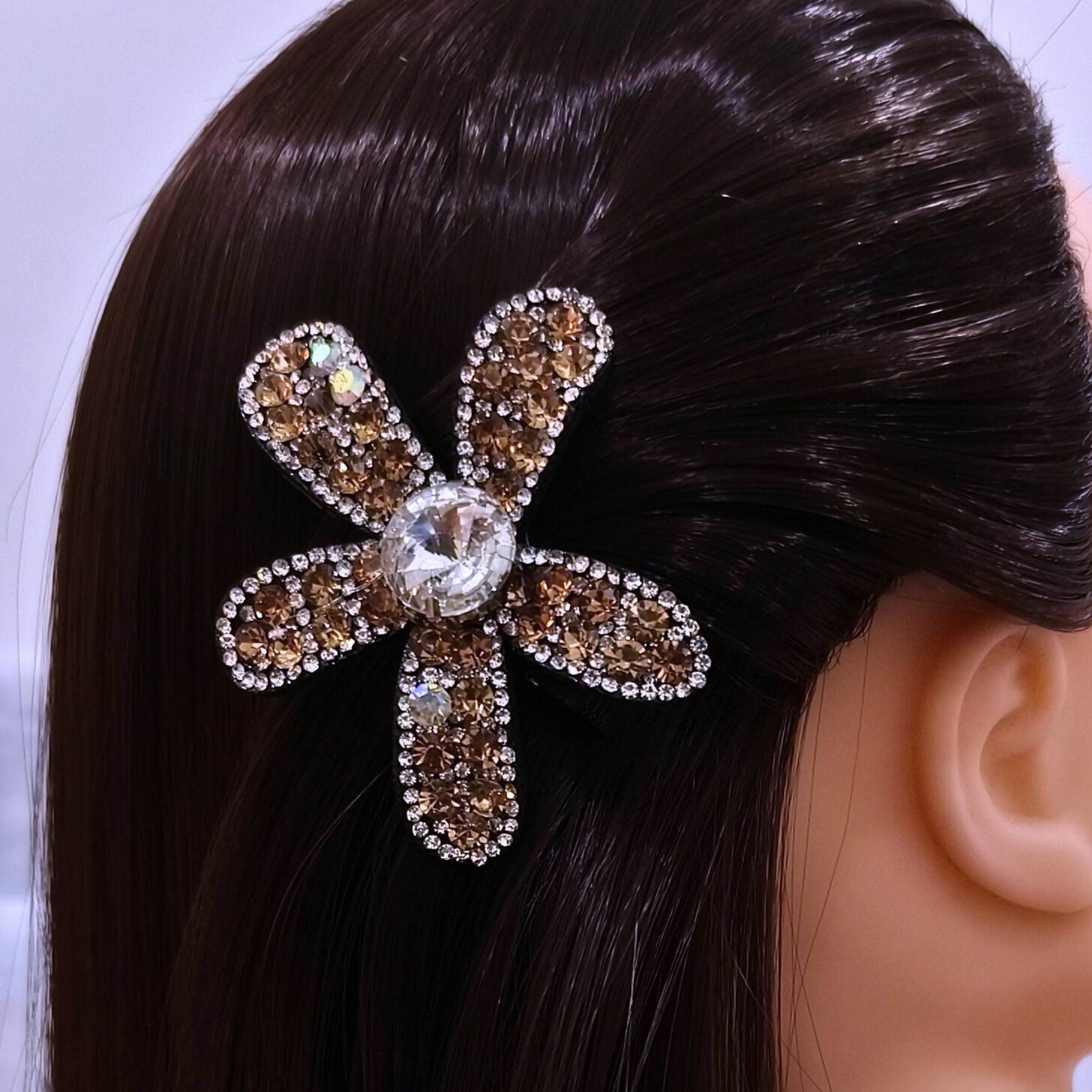 Blooming Big Crystal-Fabric hair pin- Peach and White