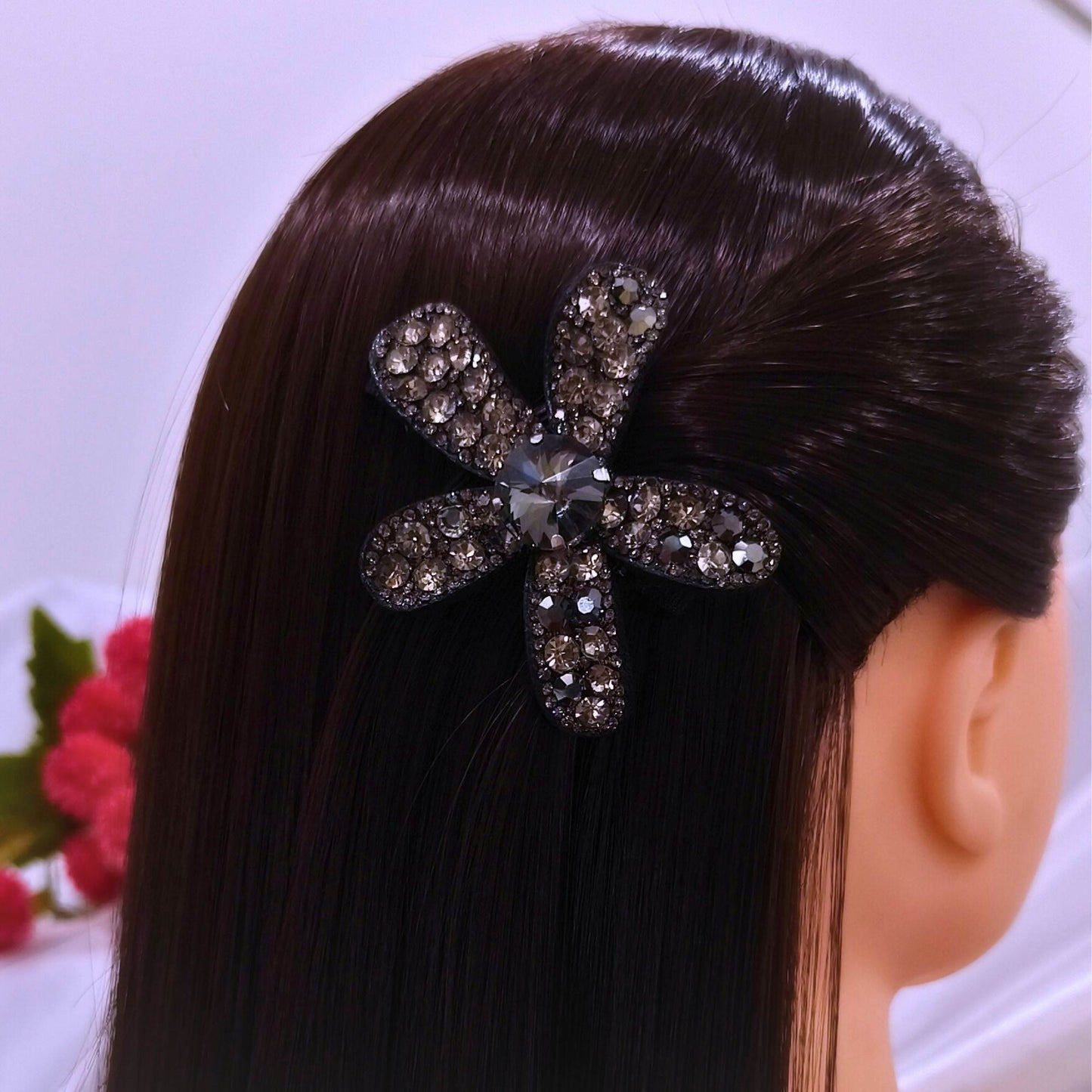 Blooming Big Crystal-Fabric hair pin-Dark Brown.