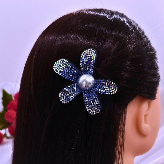 Blooming Crystal Fabric hair pin- blue & white