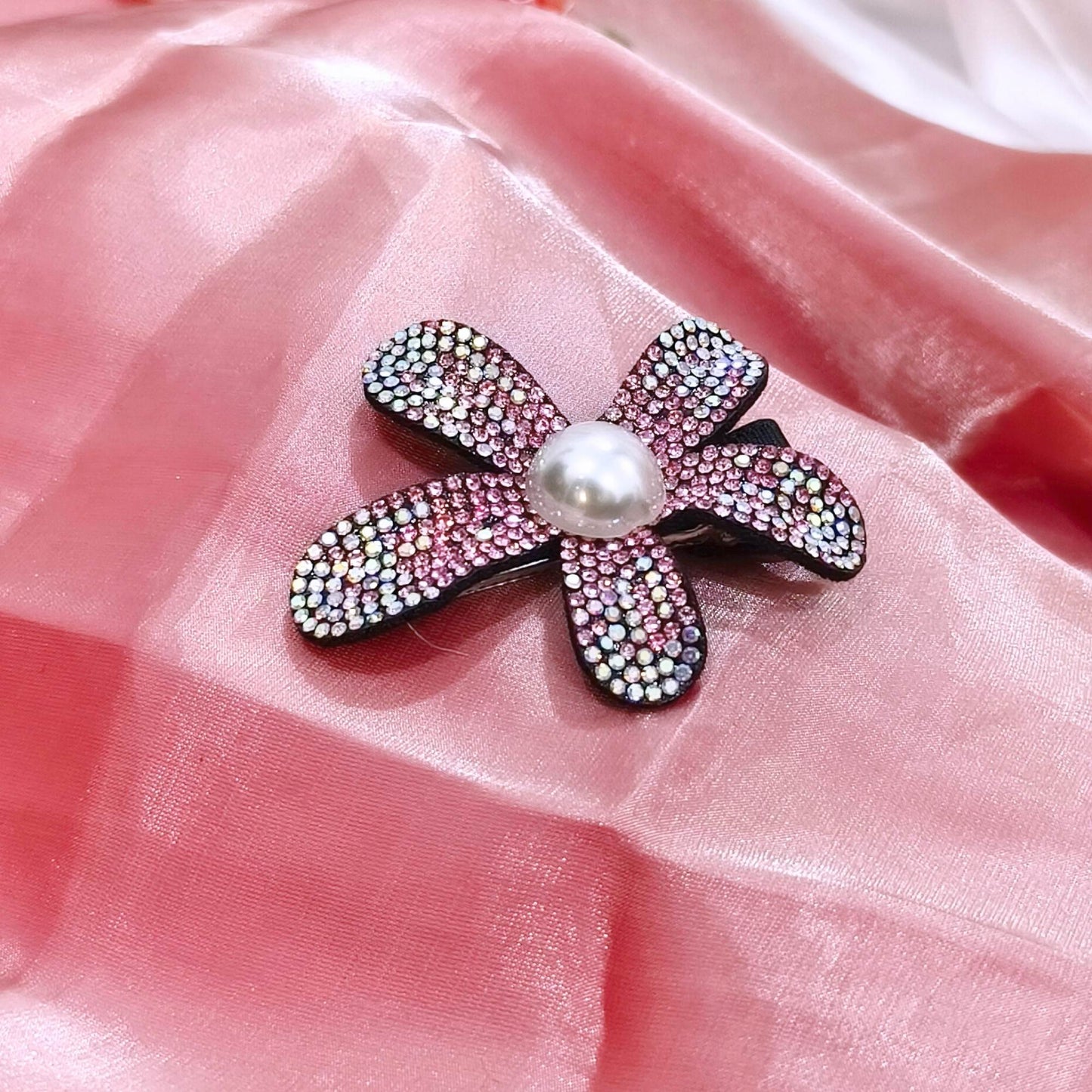 Blooming Crystal Fabric hair pin -Pink & white