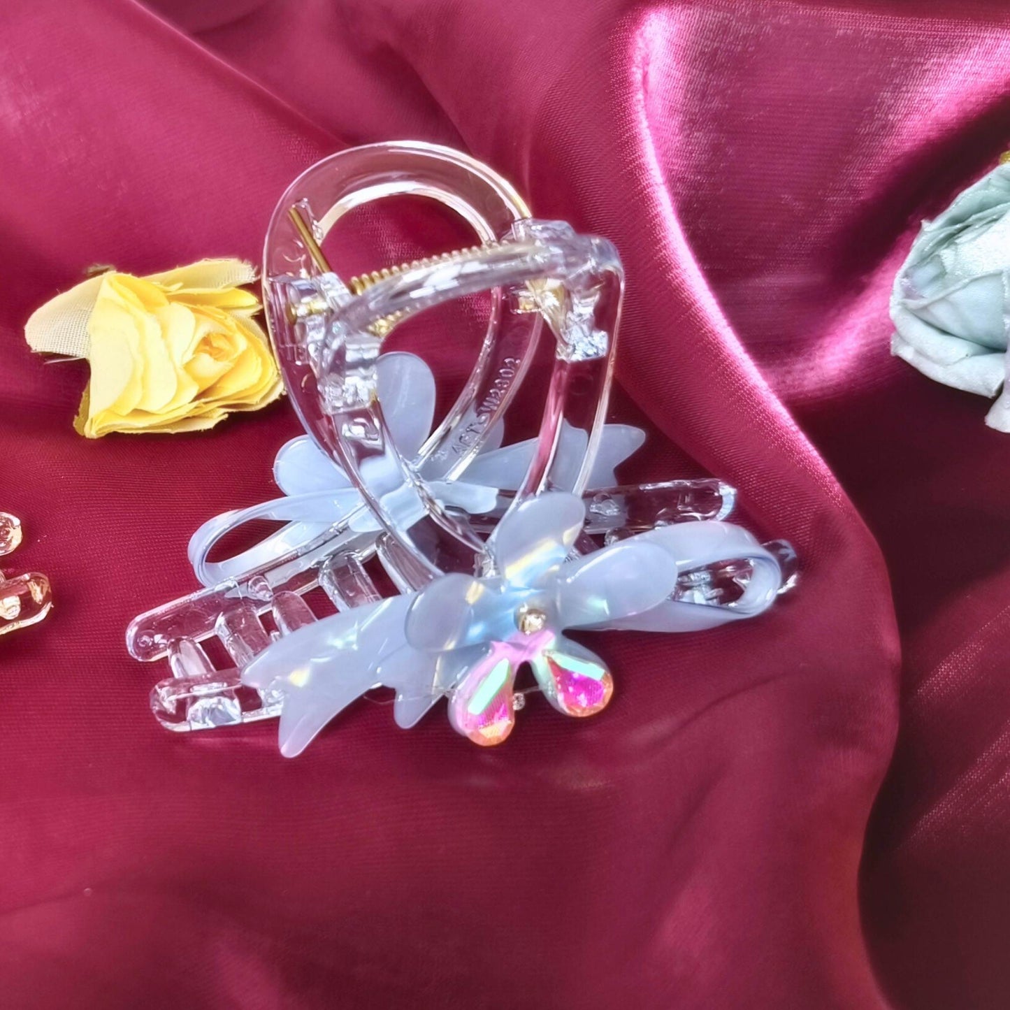 Blooming Shiny-bow flower with Crystal claw clip.