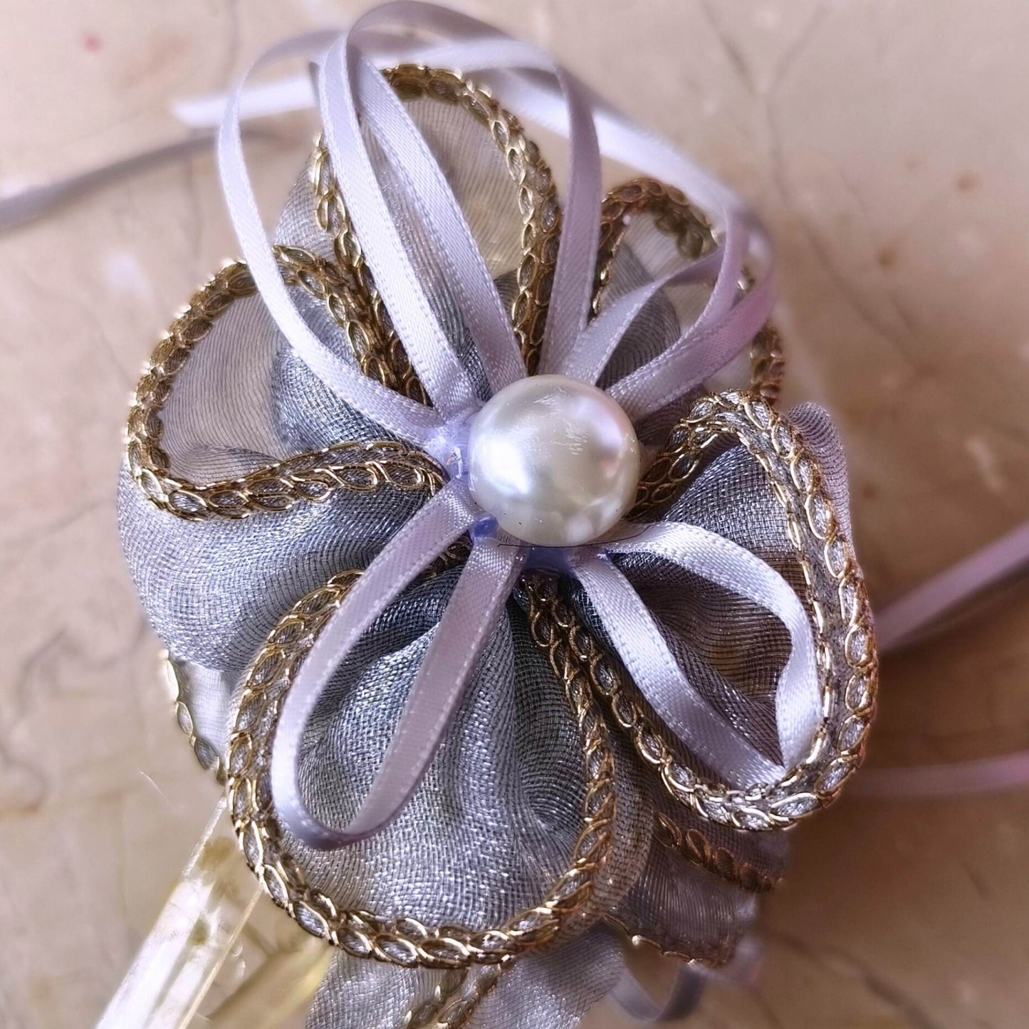 Blooming Organza flower claw clip with Golden Border - Gray.