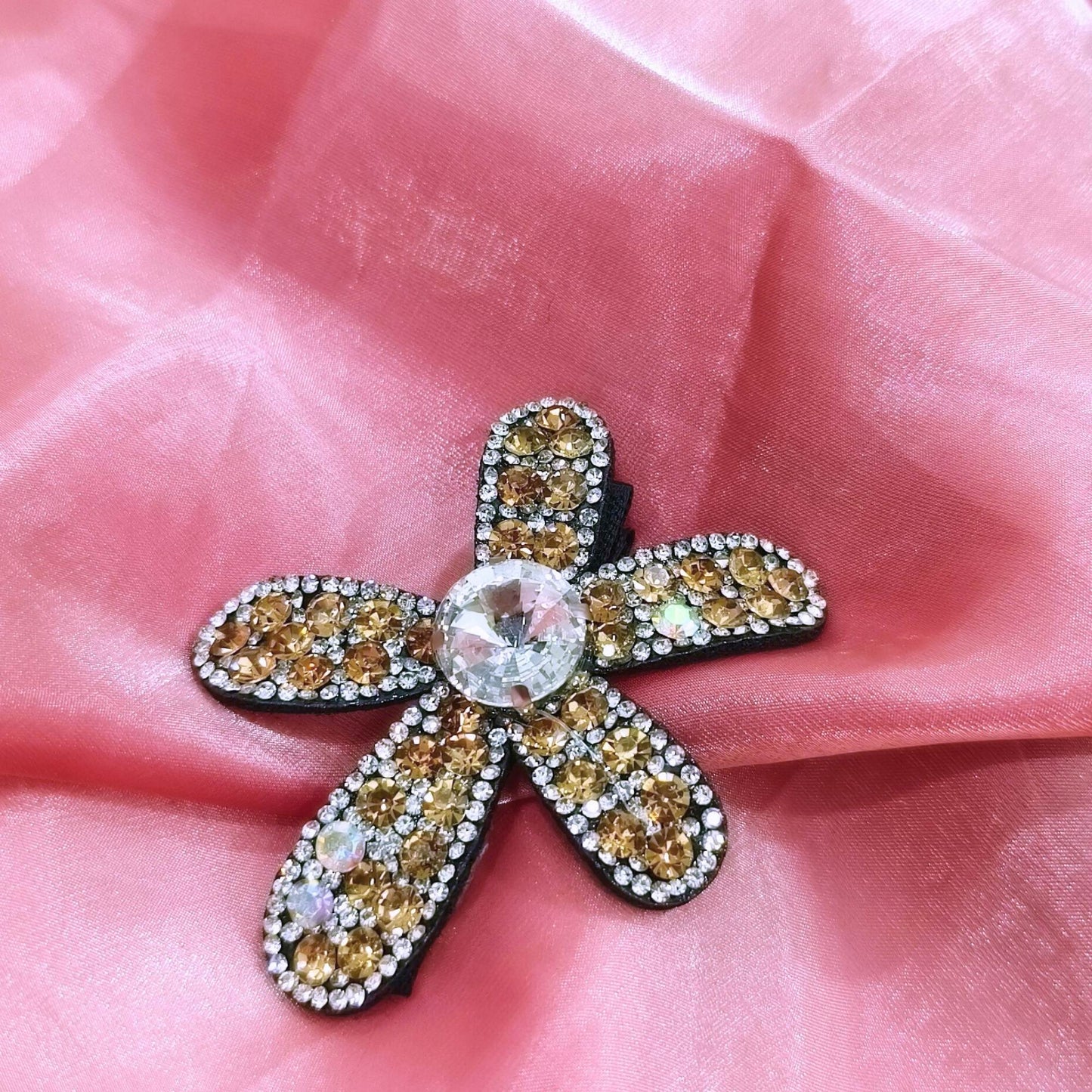 Blooming Big Crystal-Fabric hair pin- Peach and White