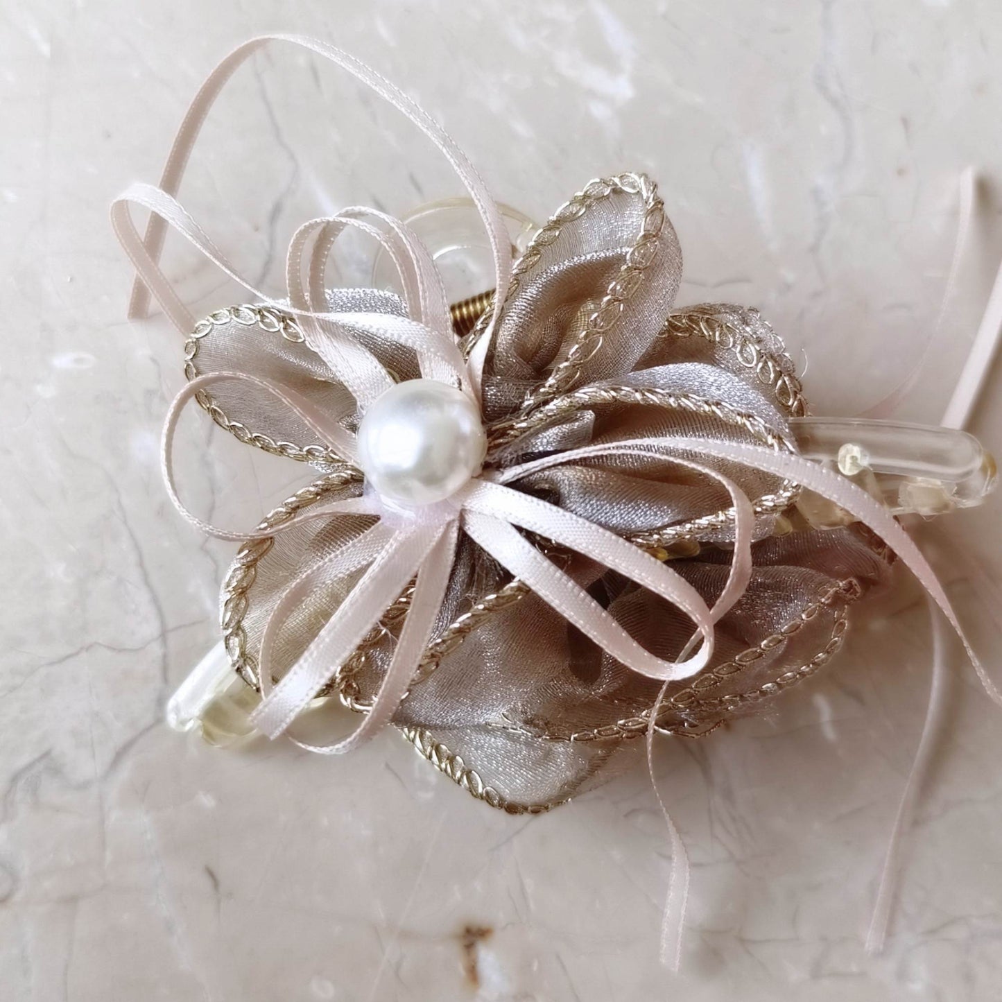 Blooming Organza flower claw clip with Golden Border- Pastel Brown
