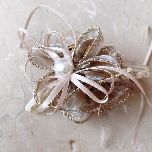 Blooming Organza flower claw clip with Golden Border- Pastel Brown