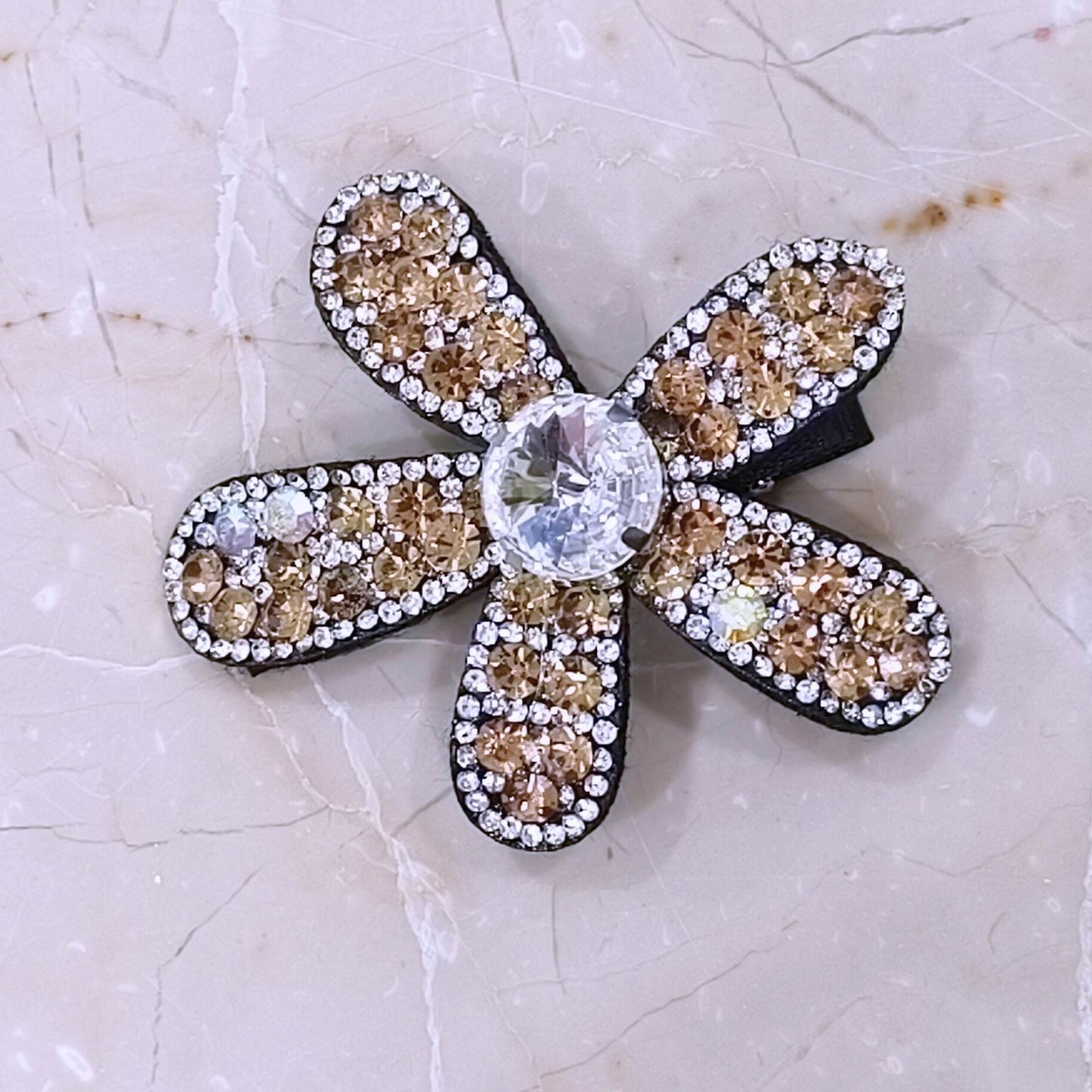 Blooming Big Crystal-Fabric hair pin- Peach and White
