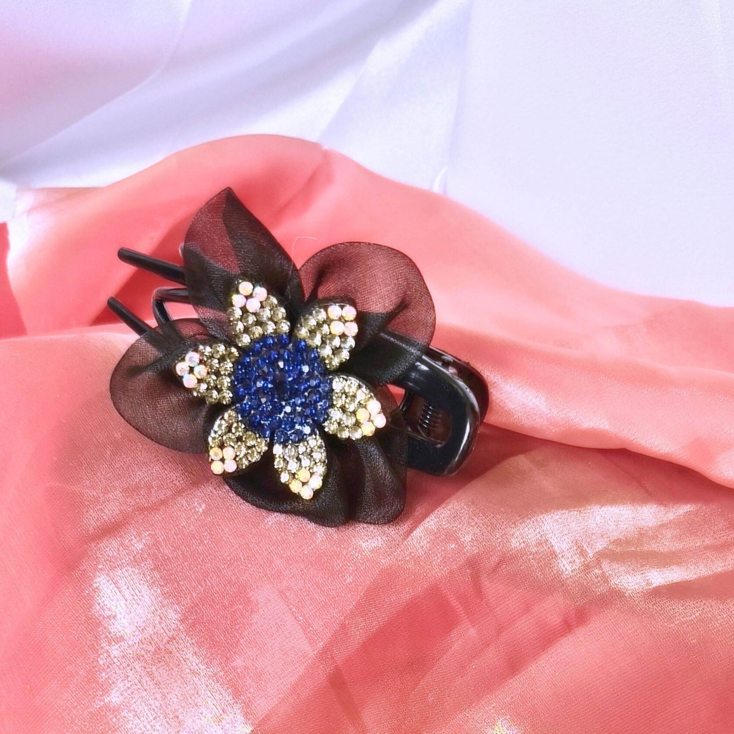 Blooming Side-Angle organza flower crystal Claw Clip -Pink