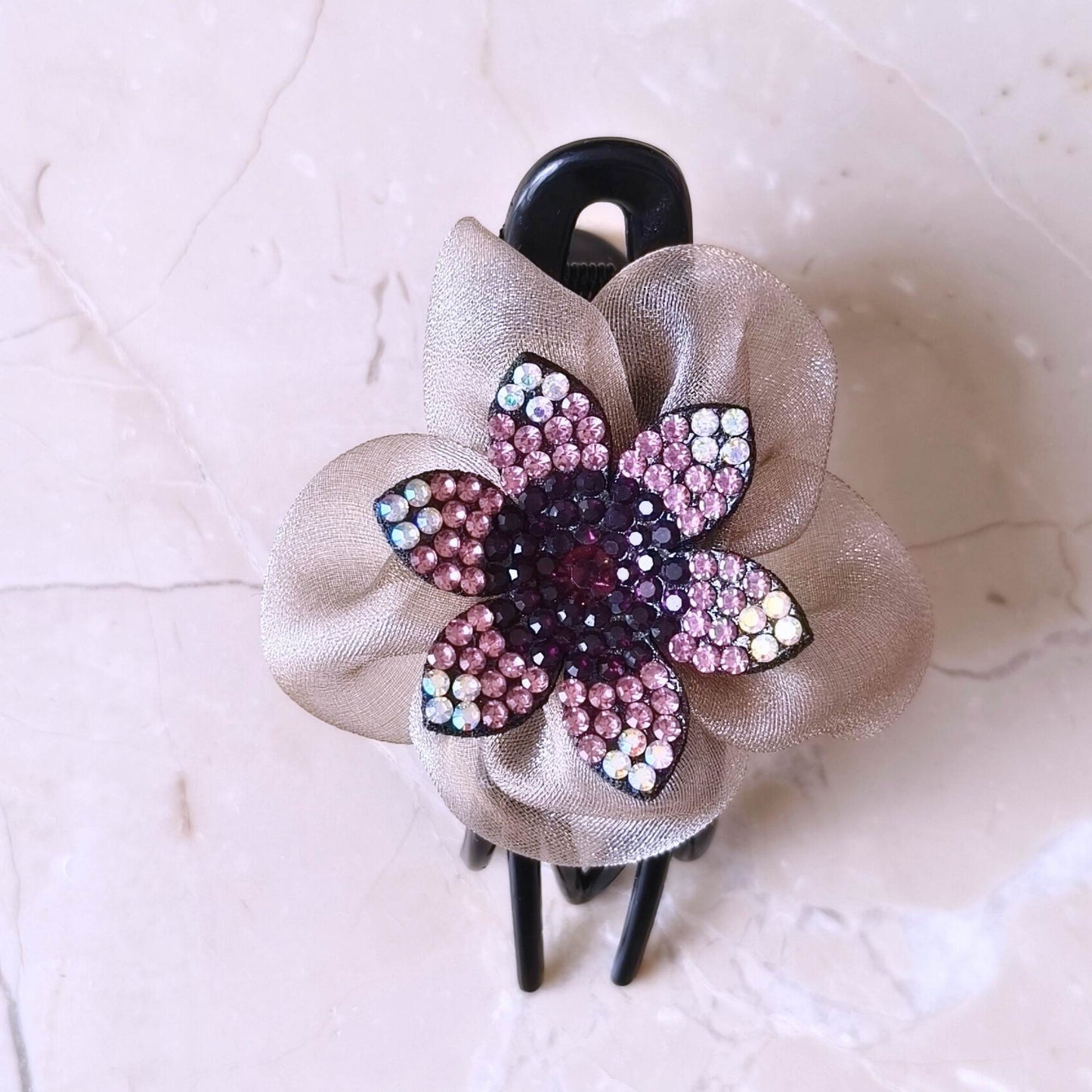 Blooming Side-Angle organza flower crystal Claw Clip -Pink
