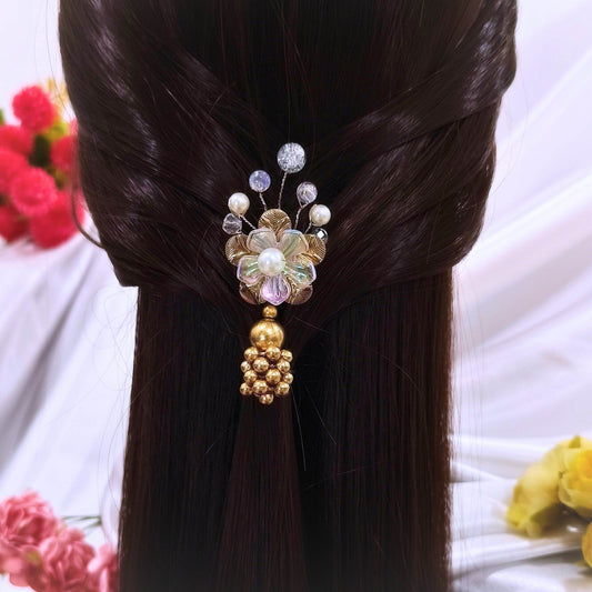 Blooming Handcrafted Hair Pin - Gold and pearl