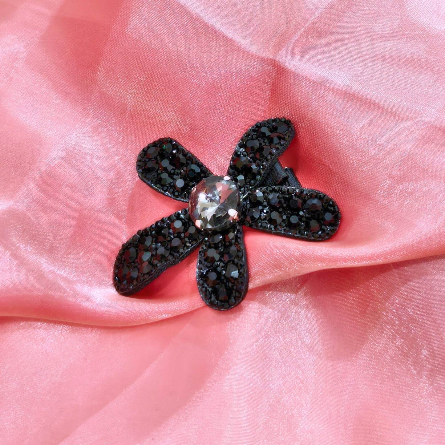 Blooming Big Crystal-Fabric hair pin- Black