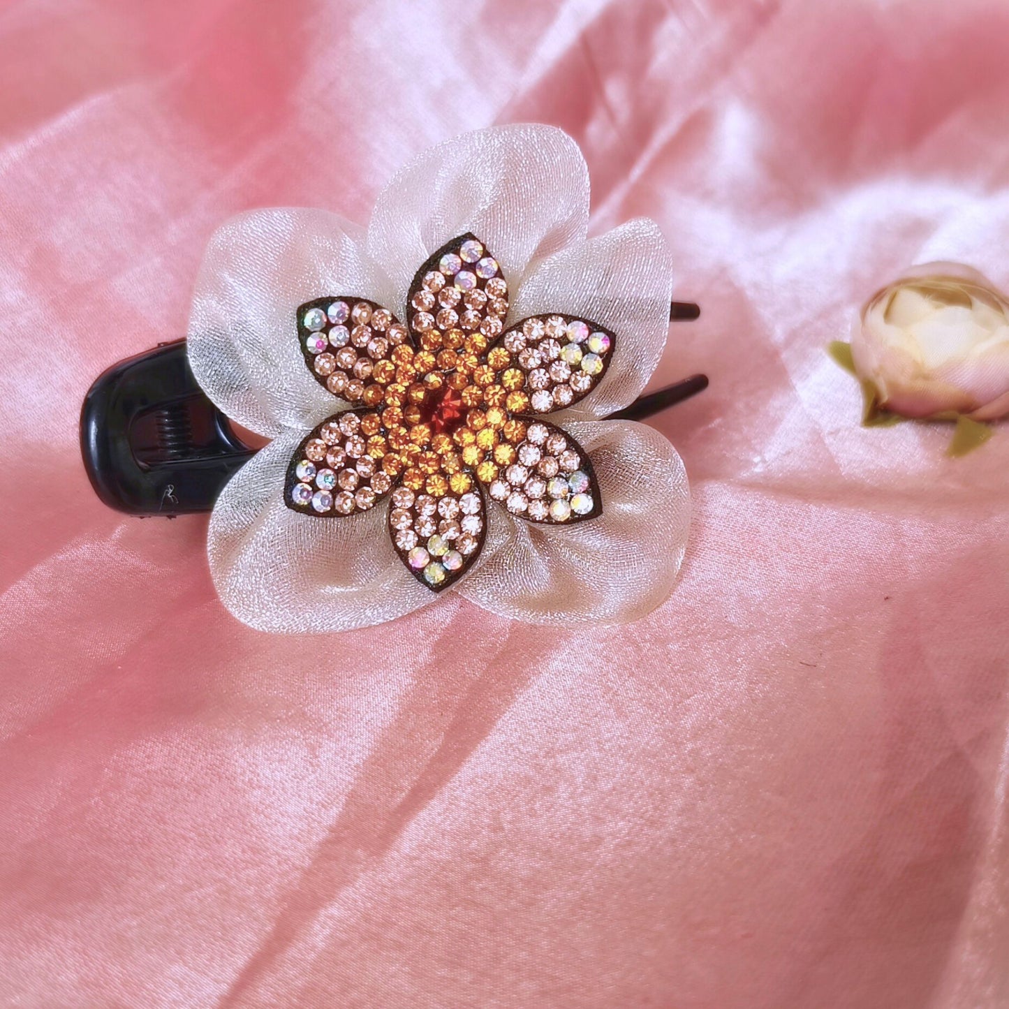 Blooming Side-Angle organza flower crystal Claw Clip -Pink