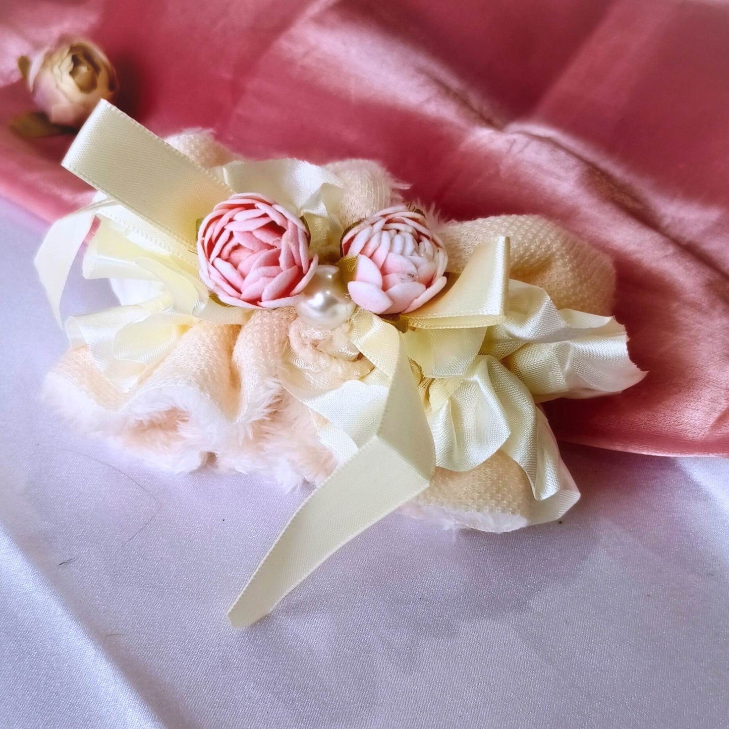 Blooming Soft Furry-Satin Scrunchie- Light yellow