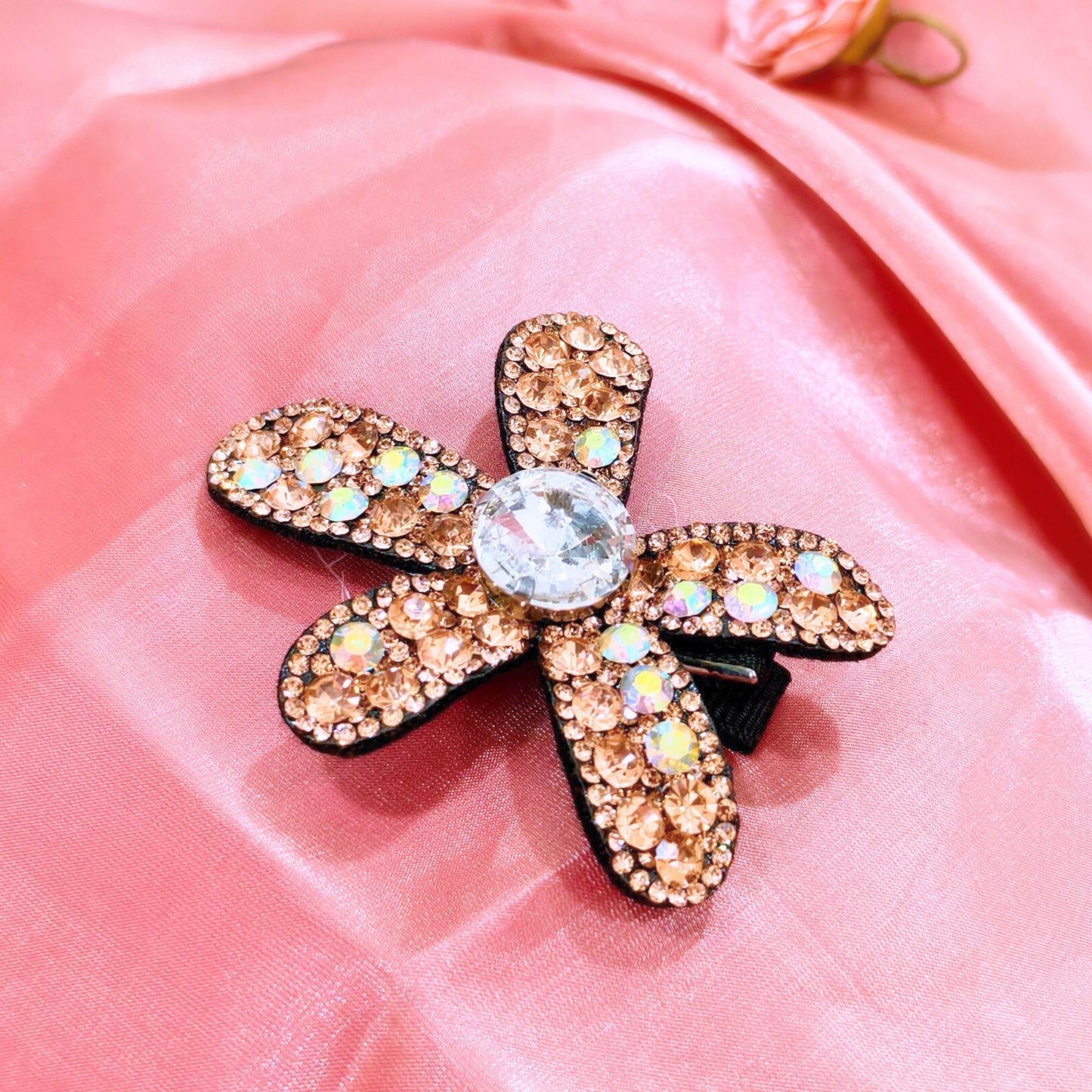 Blooming Big Crystal-Fabric hair pin- Peach