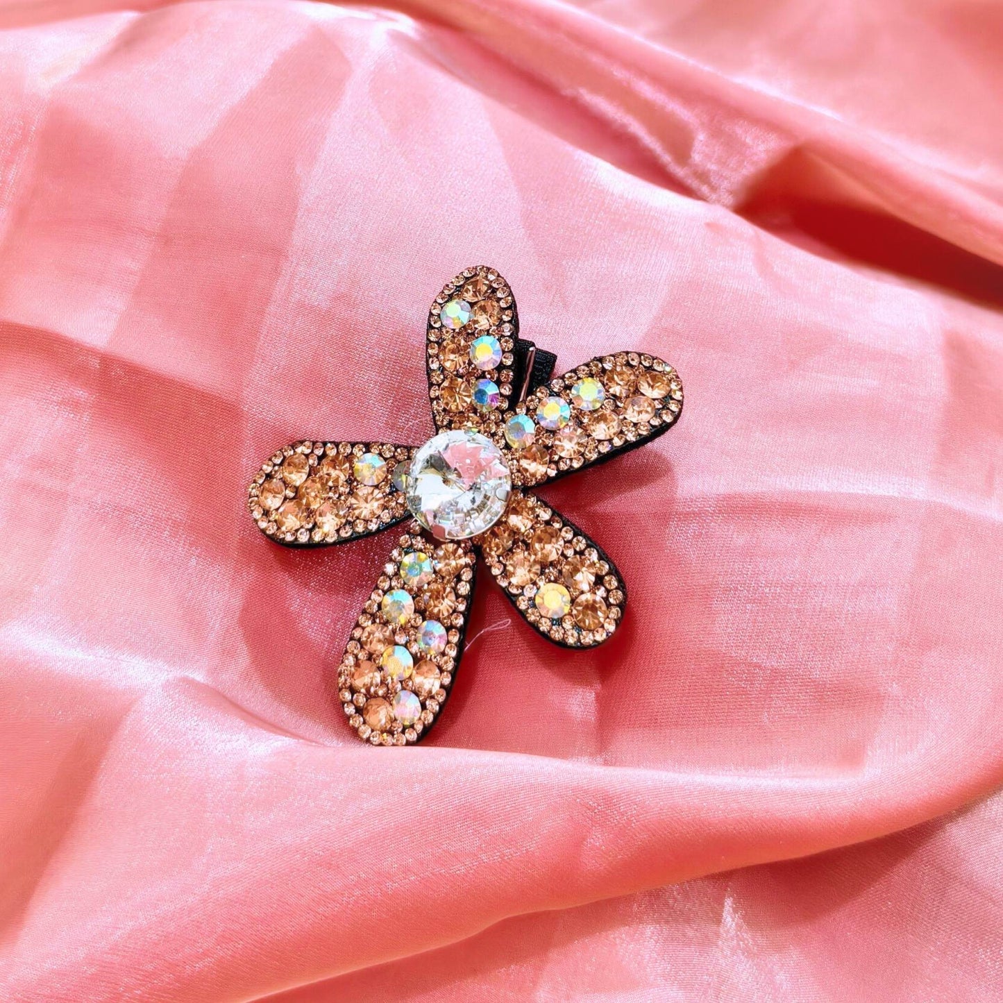Blooming Big Crystal-Fabric hair pin- Peach