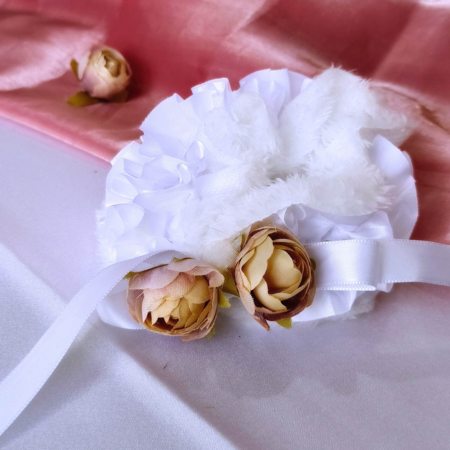 Blooming Soft Furry-Satin Scrunchie- White