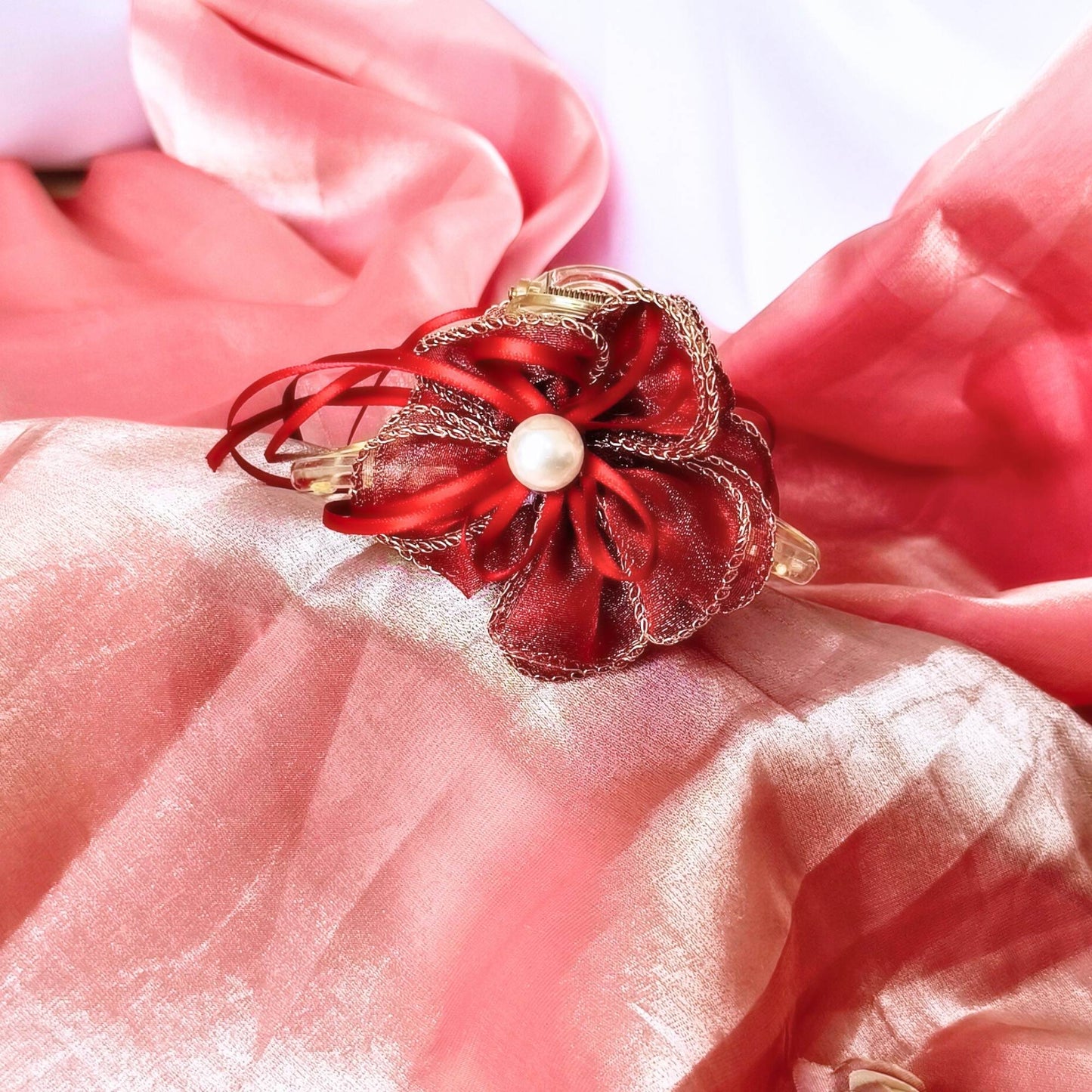 Blooming Organza flower claw clip with Golden Border- Red.