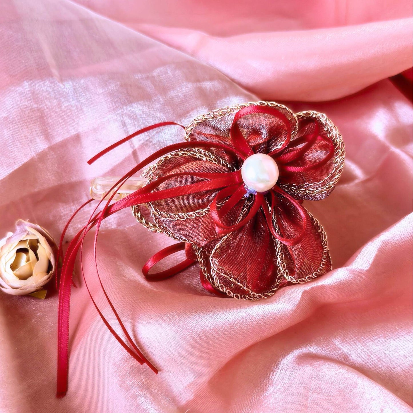 Blooming Organza flower claw clip with Golden Border- Red.