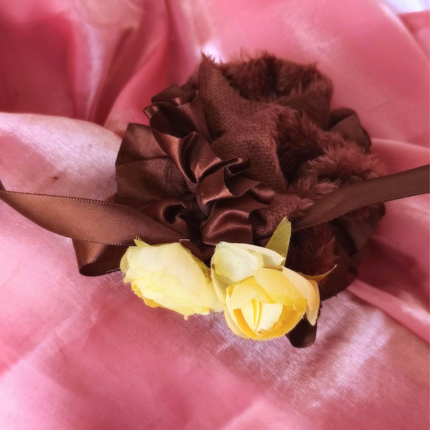 Blooming Soft Furry-Satin Scrunchie - Brown.