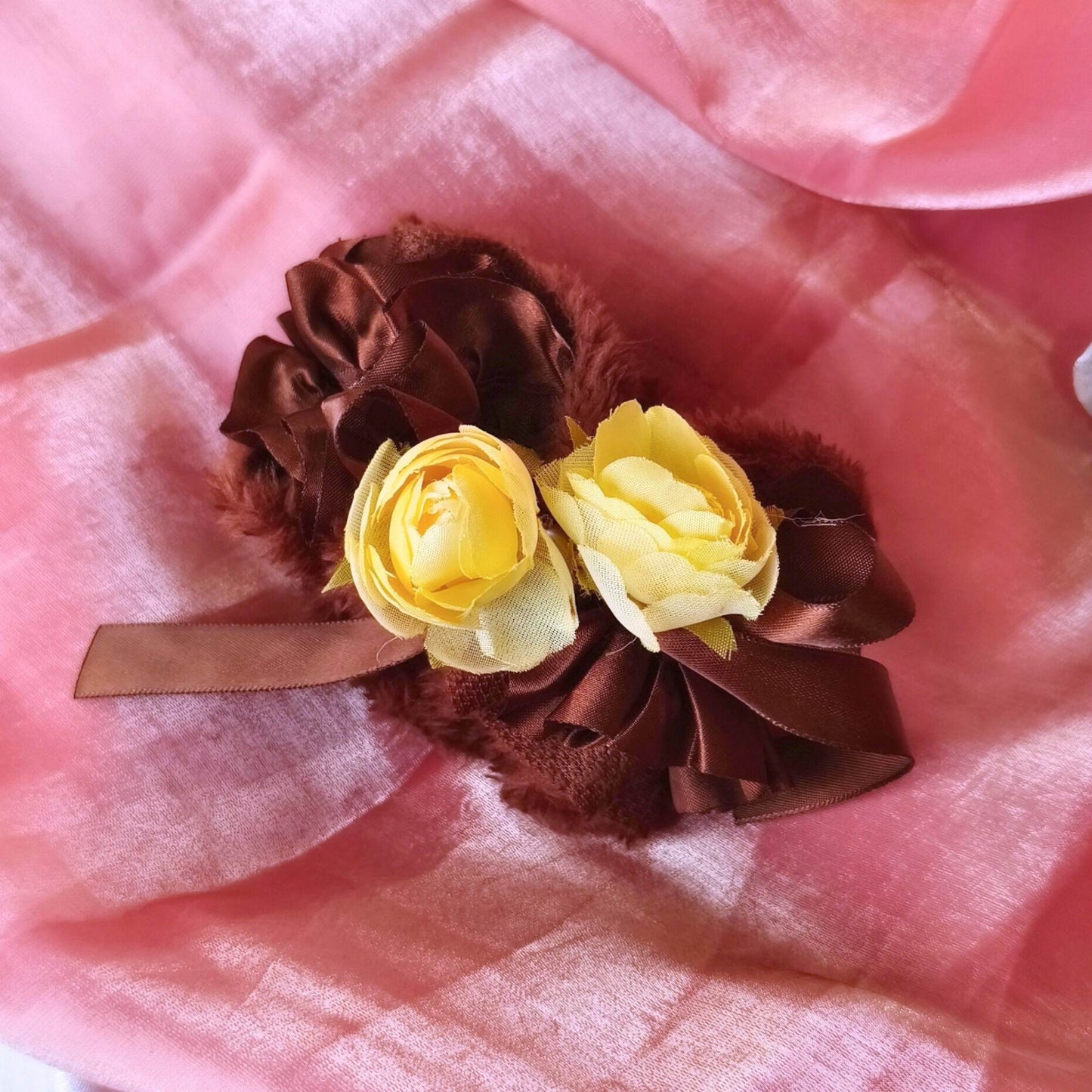 Blooming Soft Furry-Satin Scrunchie - Brown.