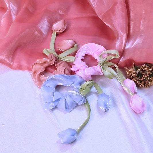 Blooming Organza Tulip flower scrunchies.