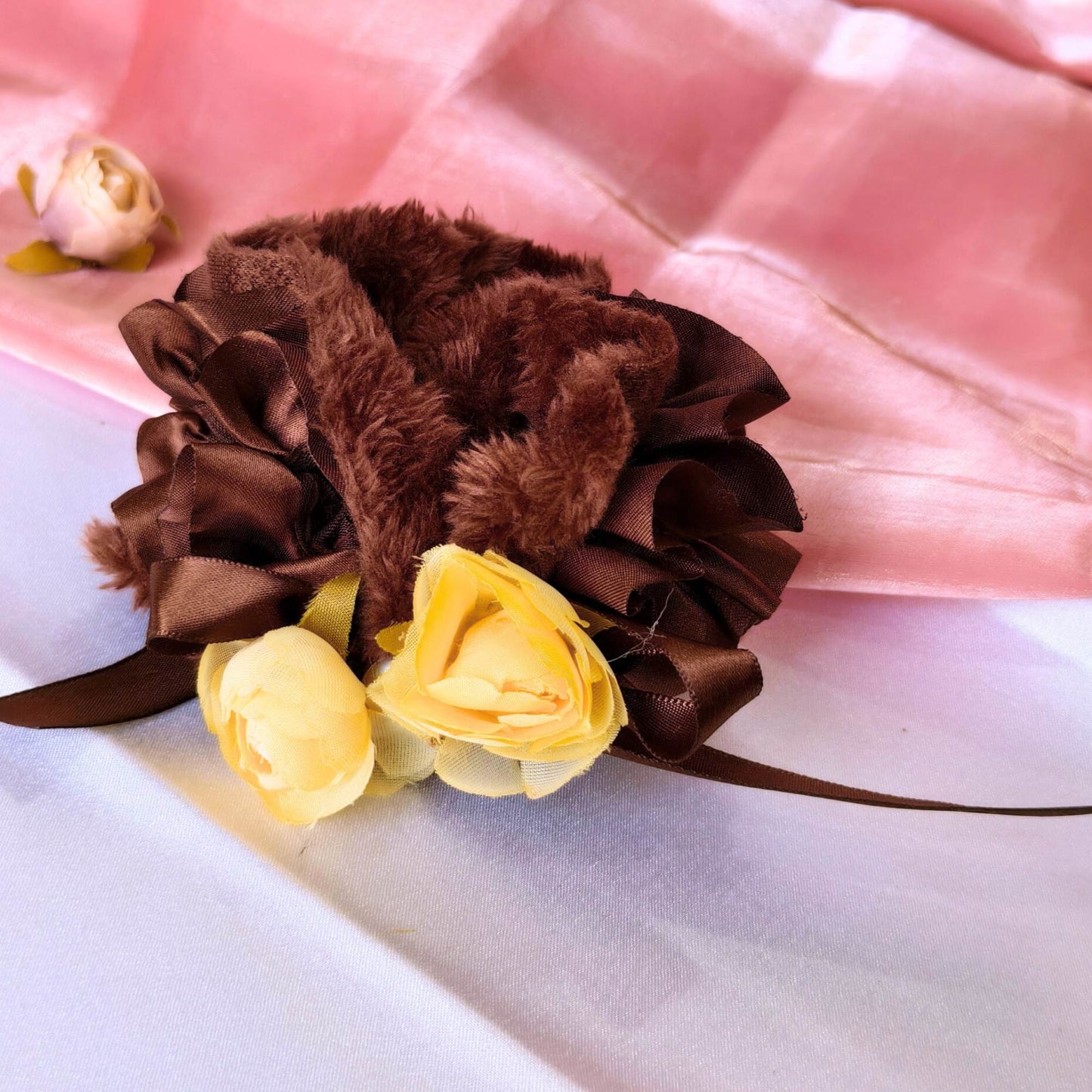 Blooming Soft Furry-Satin Scrunchie - Brown.