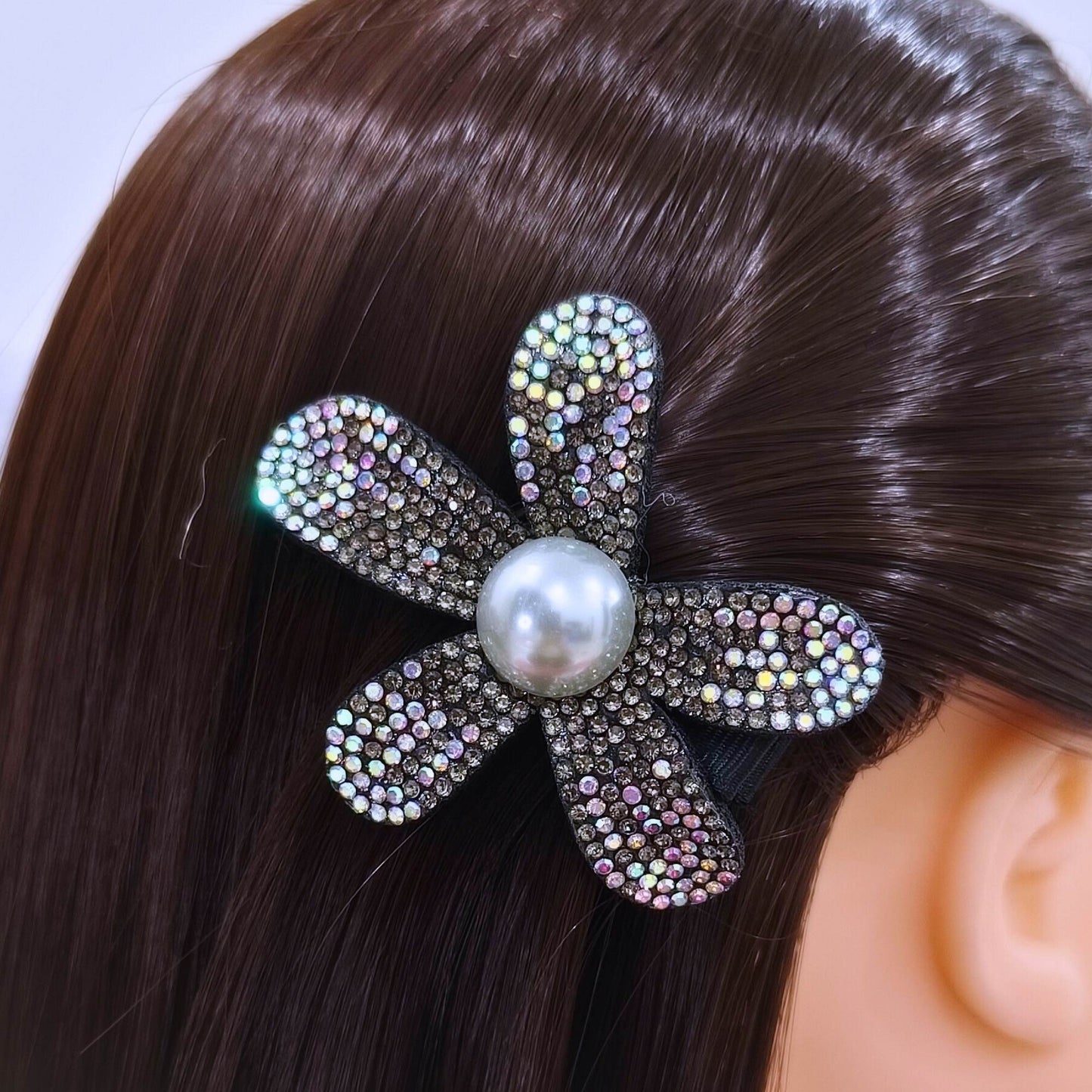 Blooming Crystal Fabric hair pin - Dark Brown & White.