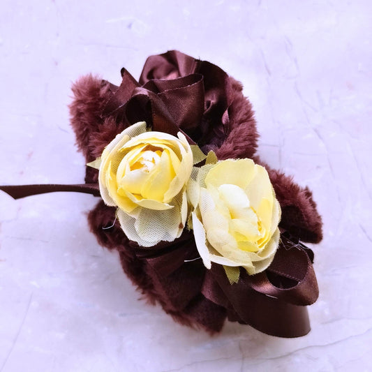 Blooming Soft Furry-Satin Scrunchie - Brown.