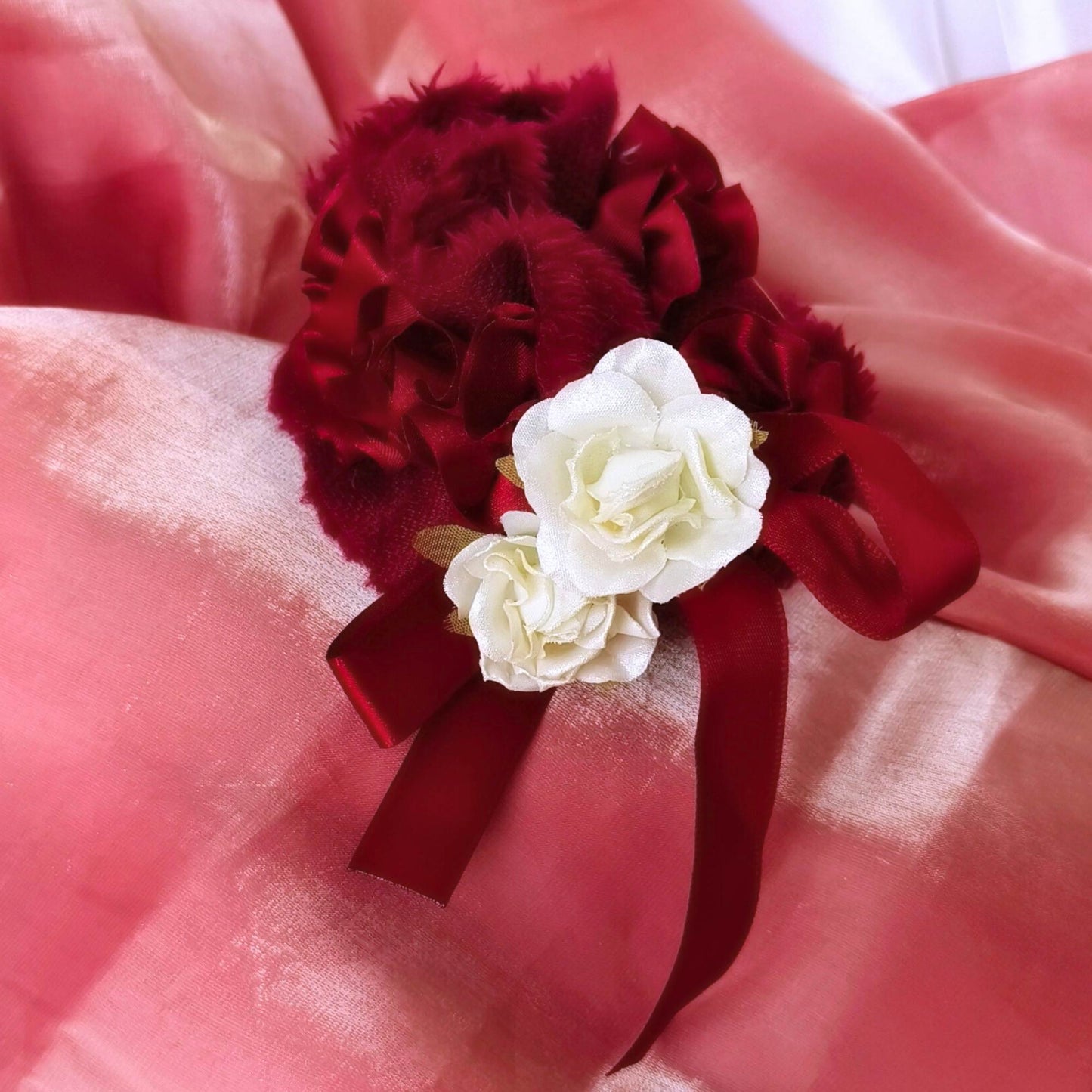 Blooming Soft Furry-Satin Scrunchie- Maroon