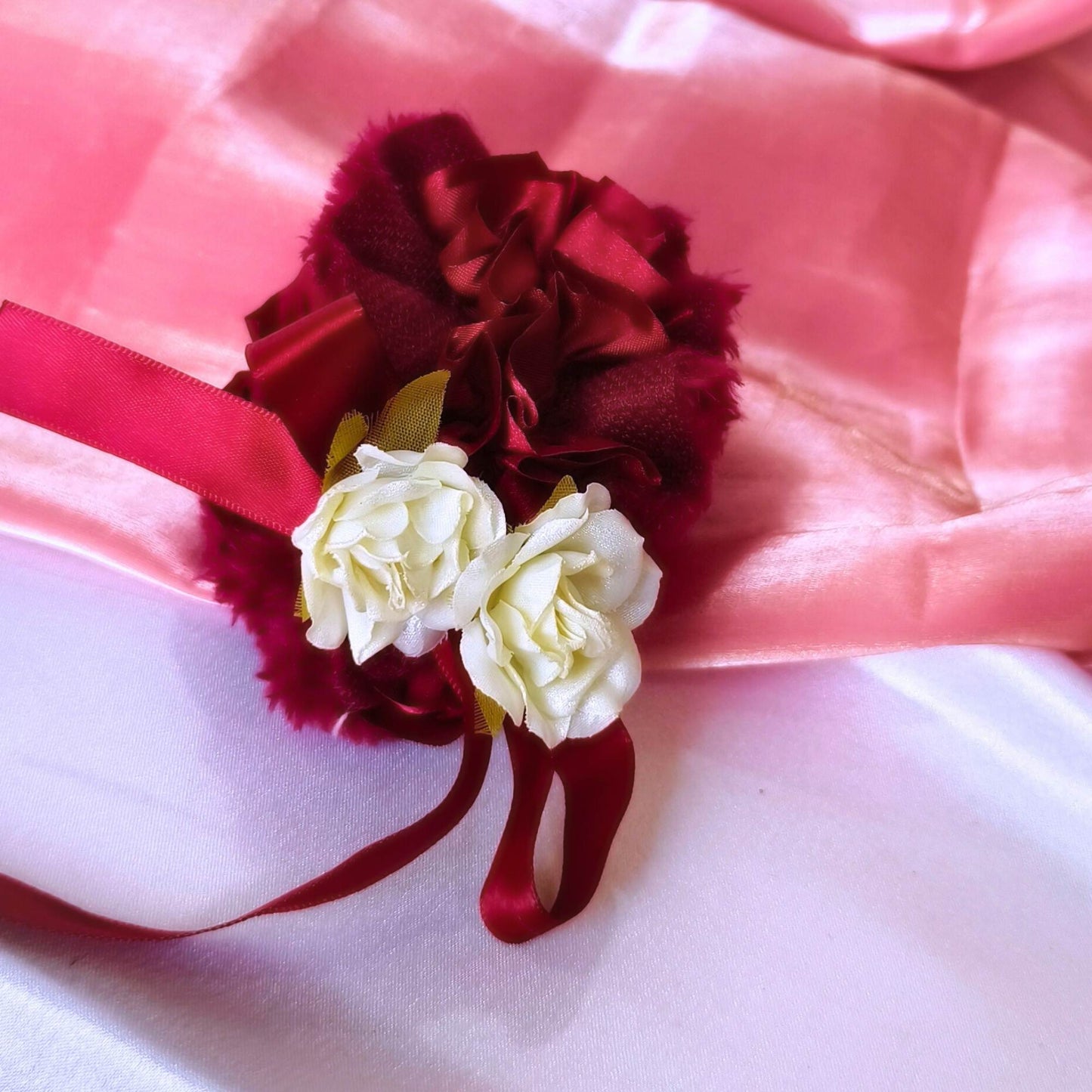 Blooming Soft Furry-Satin Scrunchie- Maroon