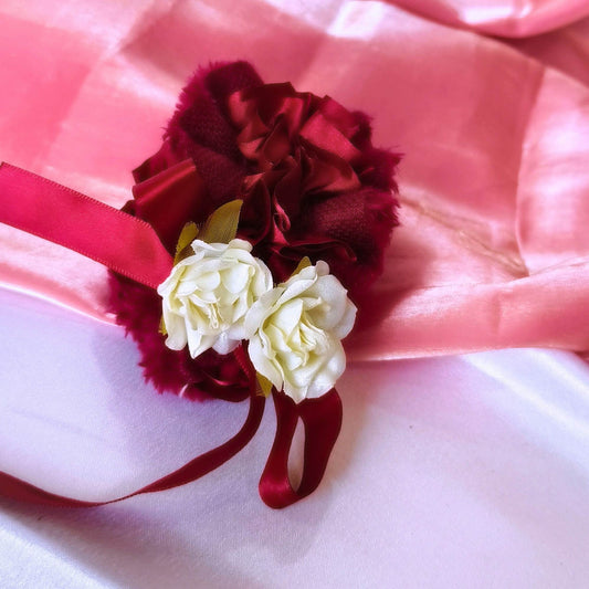 Blooming Soft Furry-Satin Scrunchie- Maroon