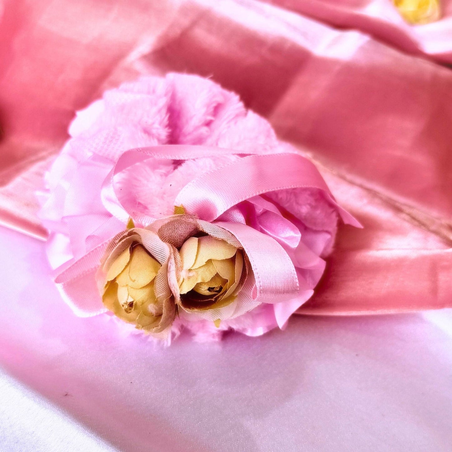 Blooming Soft Furry-Satin Scrunchie- Pink.