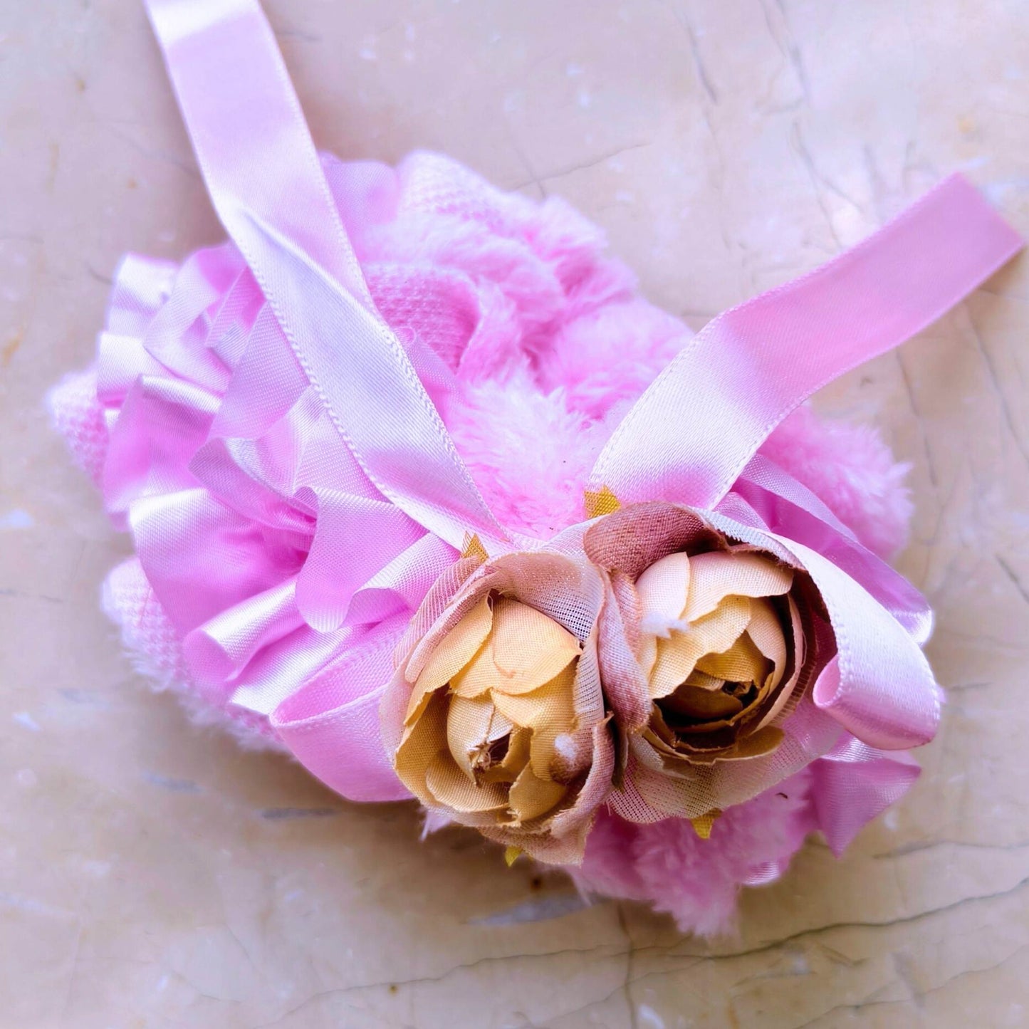 Blooming Soft Furry-Satin Scrunchie- Pink.