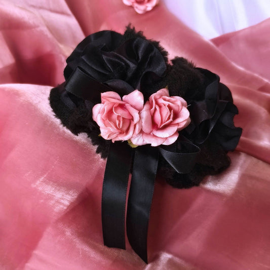 Blooming Soft Furry-Satin Scrunchie- Black