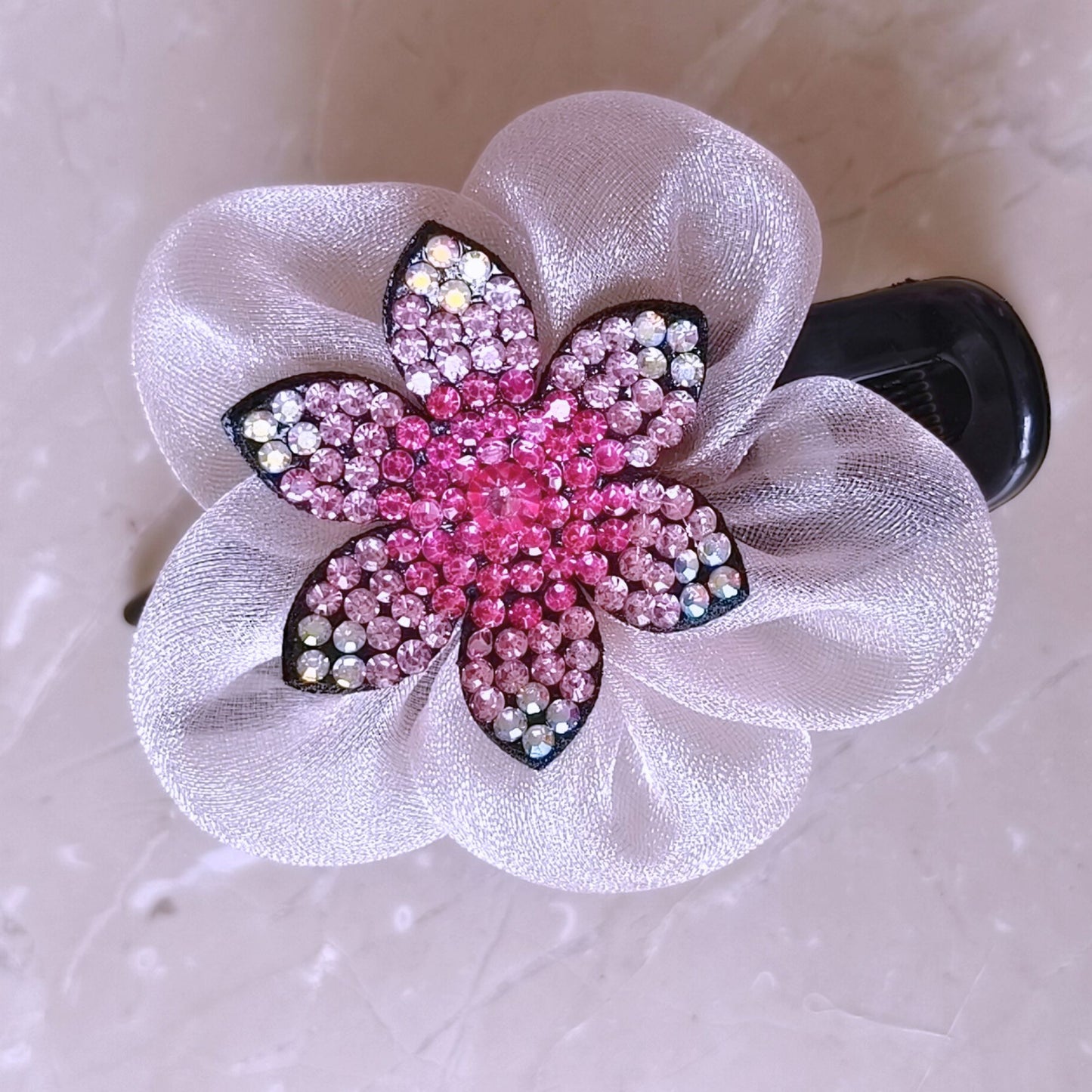 Blooming Side-Angle organza flower crystal Claw Clip -Pink