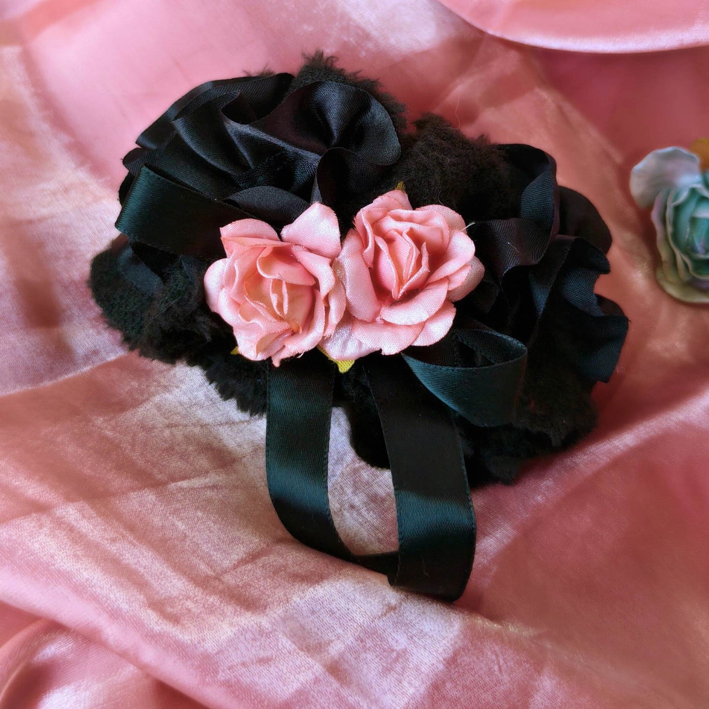 Blooming Soft Furry-Satin Scrunchie- Black