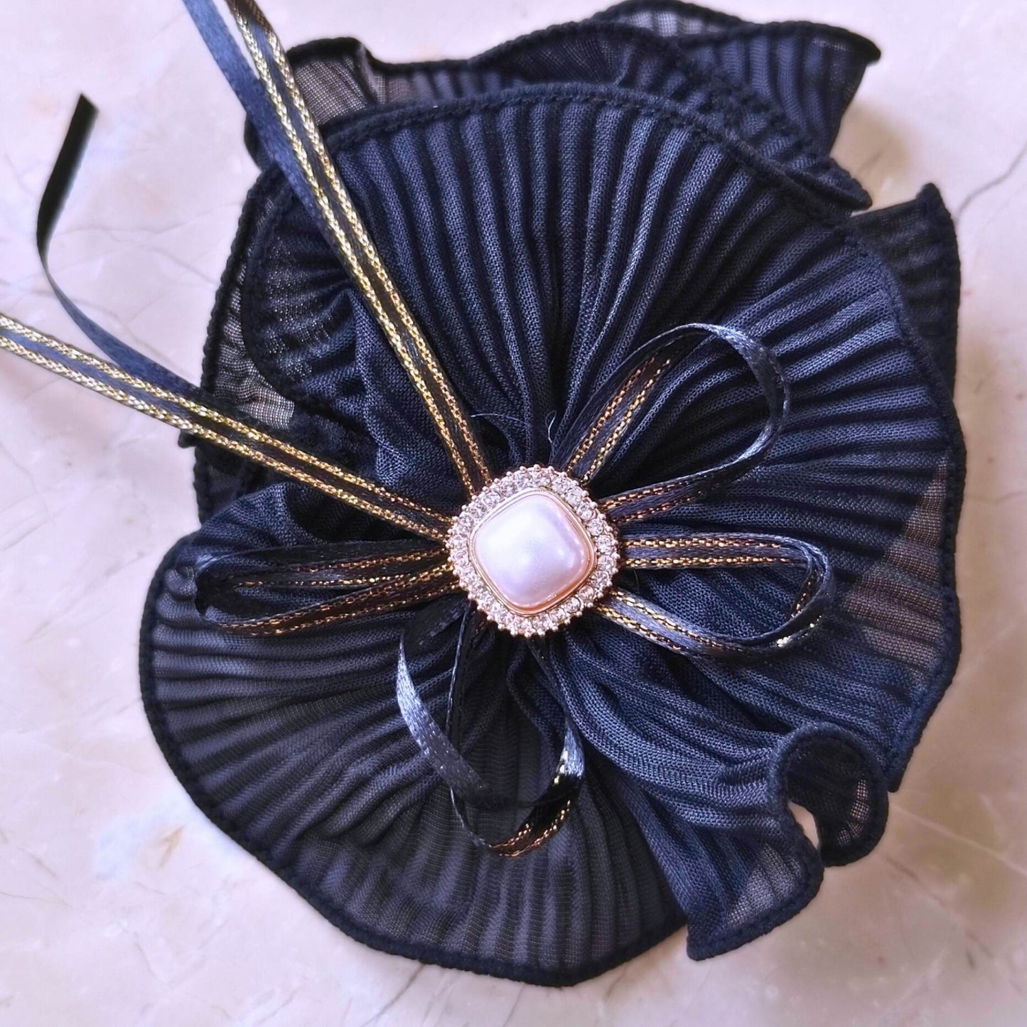 Blooming Soft crushed Scrunchie Pearl center with Ribbon